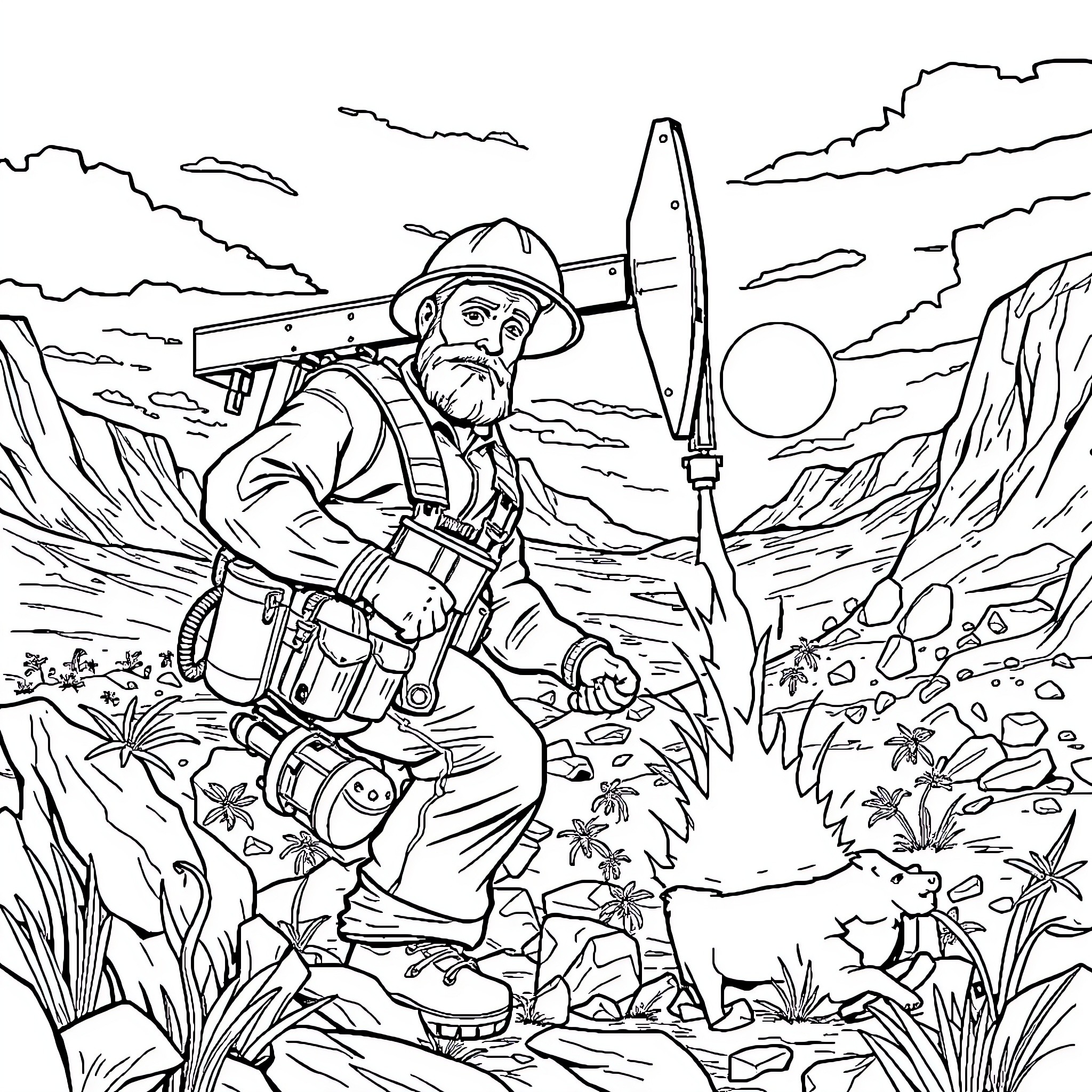 Hero Embarking on a Rugged Adventure Coloring Page (free black-and-white line drawing printable PDF for all, from beginners to advanced learners, including children, teens, adults, and seniors)