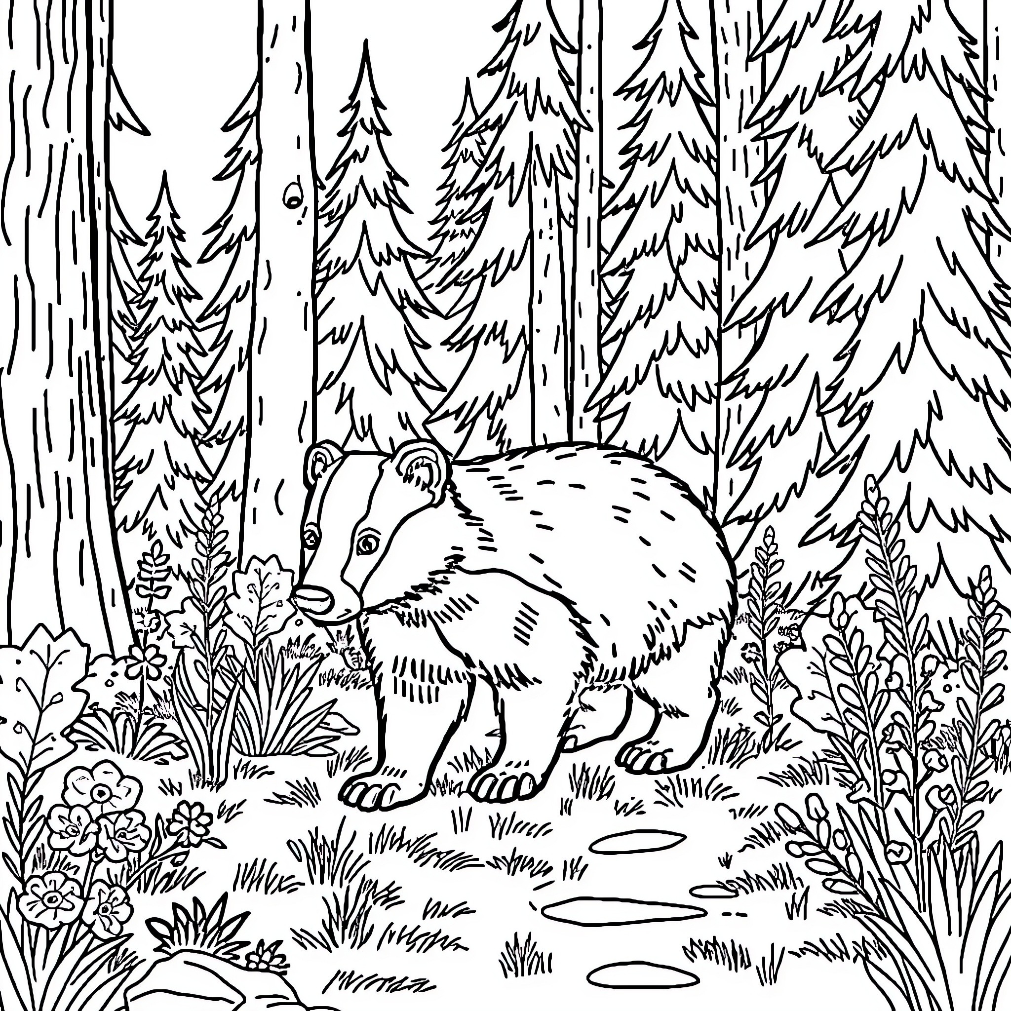 Badger exploring the enchanted forest Coloring Page (free black-and-white line drawing printable PDF for all, from beginners to advanced learners, including children, teens, adults, and seniors)