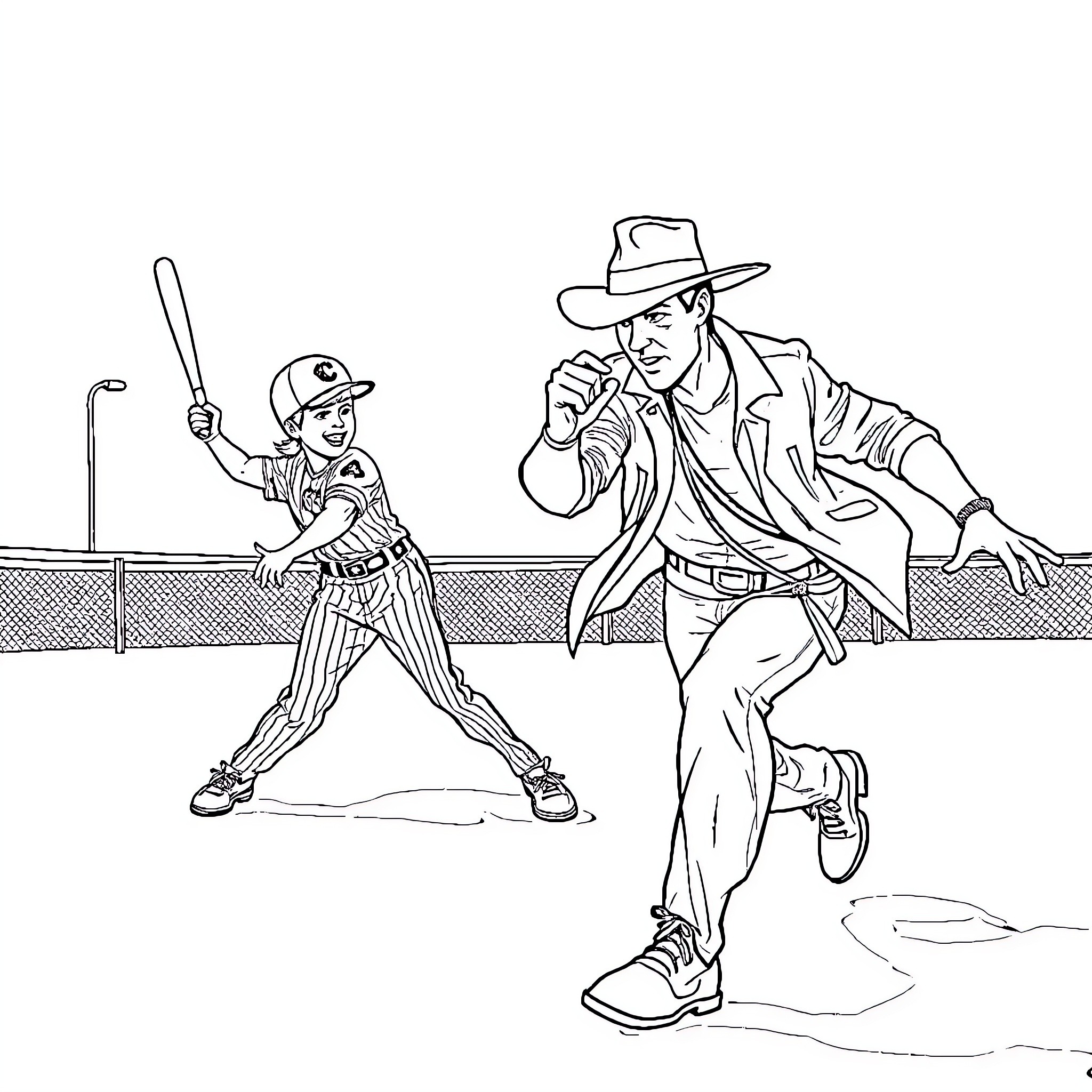 Baseball Player Batting Against Umpire at Game Coloring Page (free black-and-white line drawing printable PDF for all, from beginners to advanced learners, including children, teens, adults, and seniors)