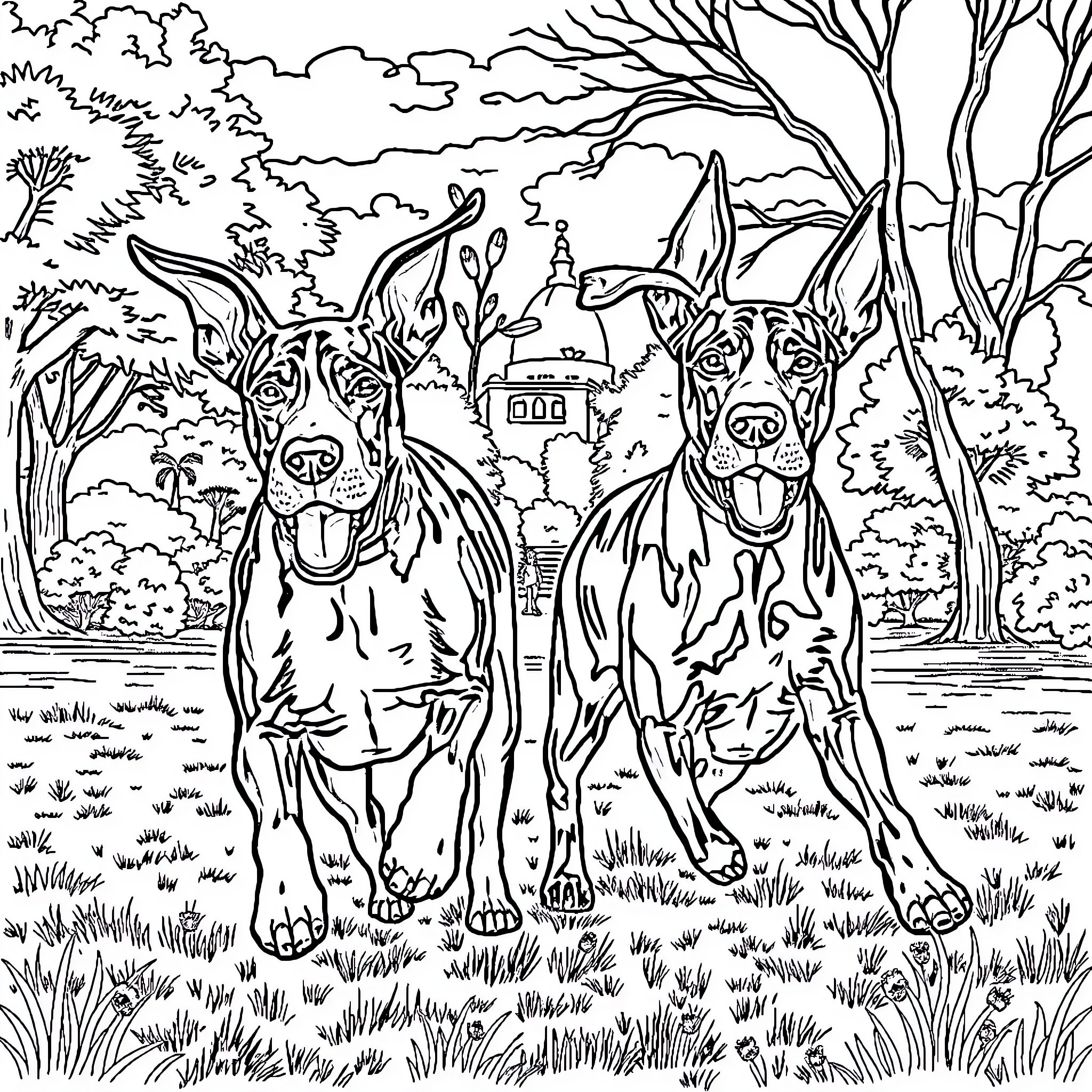 Great Dane duo enjoying a day outdoors Coloring Page (free black-and-white line drawing printable PDF for all, from beginners to advanced learners, including children, teens, adults, and seniors)