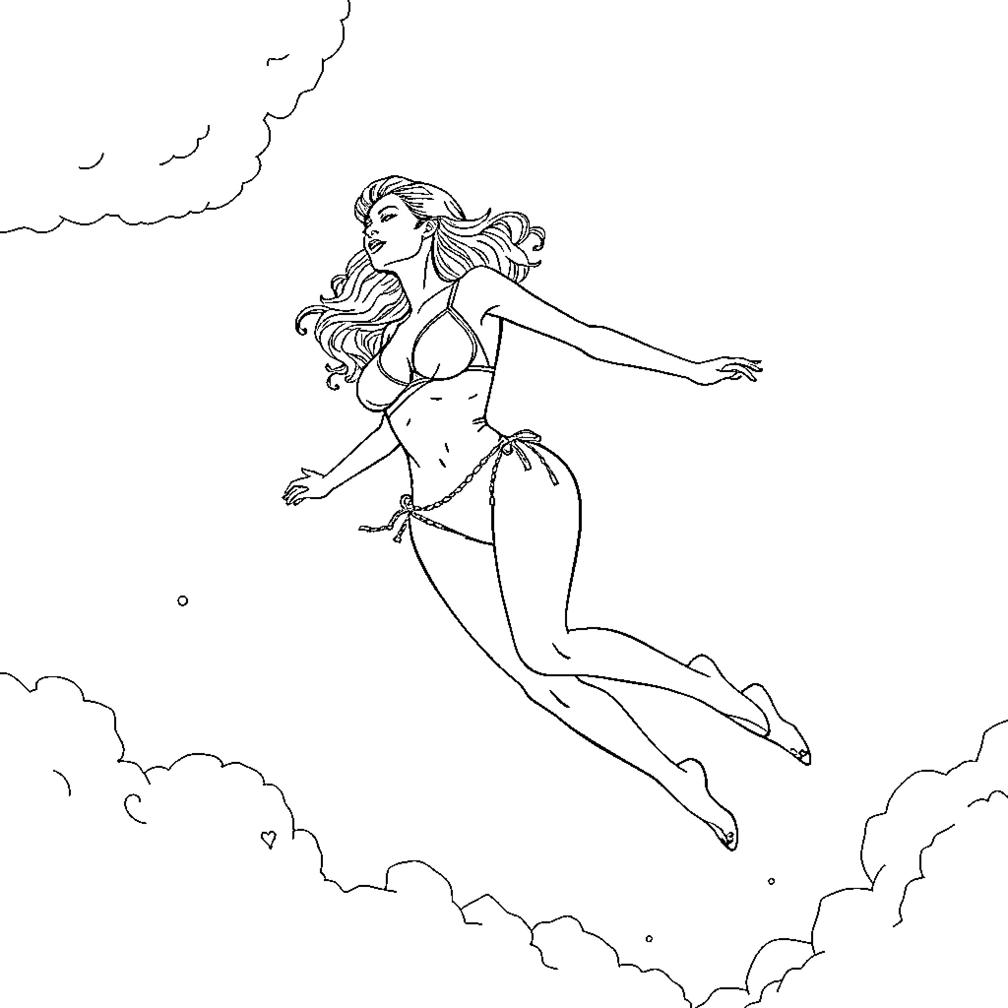 Bikini Babe soaring through the clouds Coloring Page (free black-and-white line drawing printable PDF for all, from beginners to advanced learners, including children, teens, adults, and seniors)