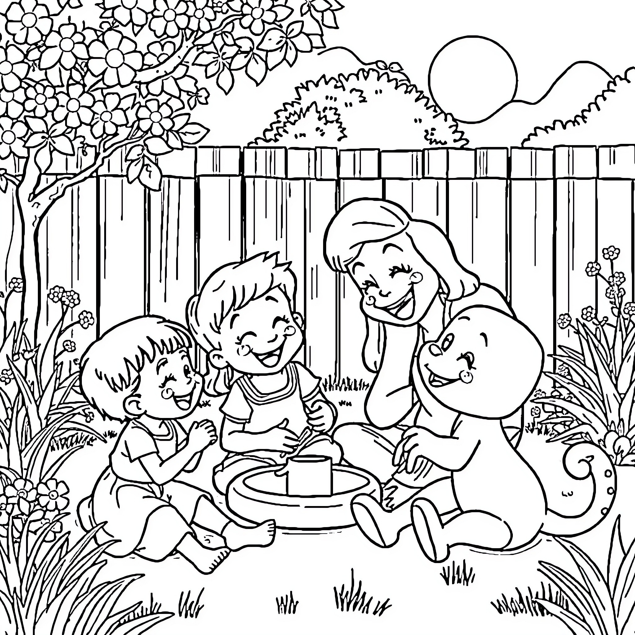 Bluey playing with friends in the backyard Coloring Page (free black-and-white line drawing printable PDF for all, from beginners to advanced learners, including children, teens, adults, and seniors)