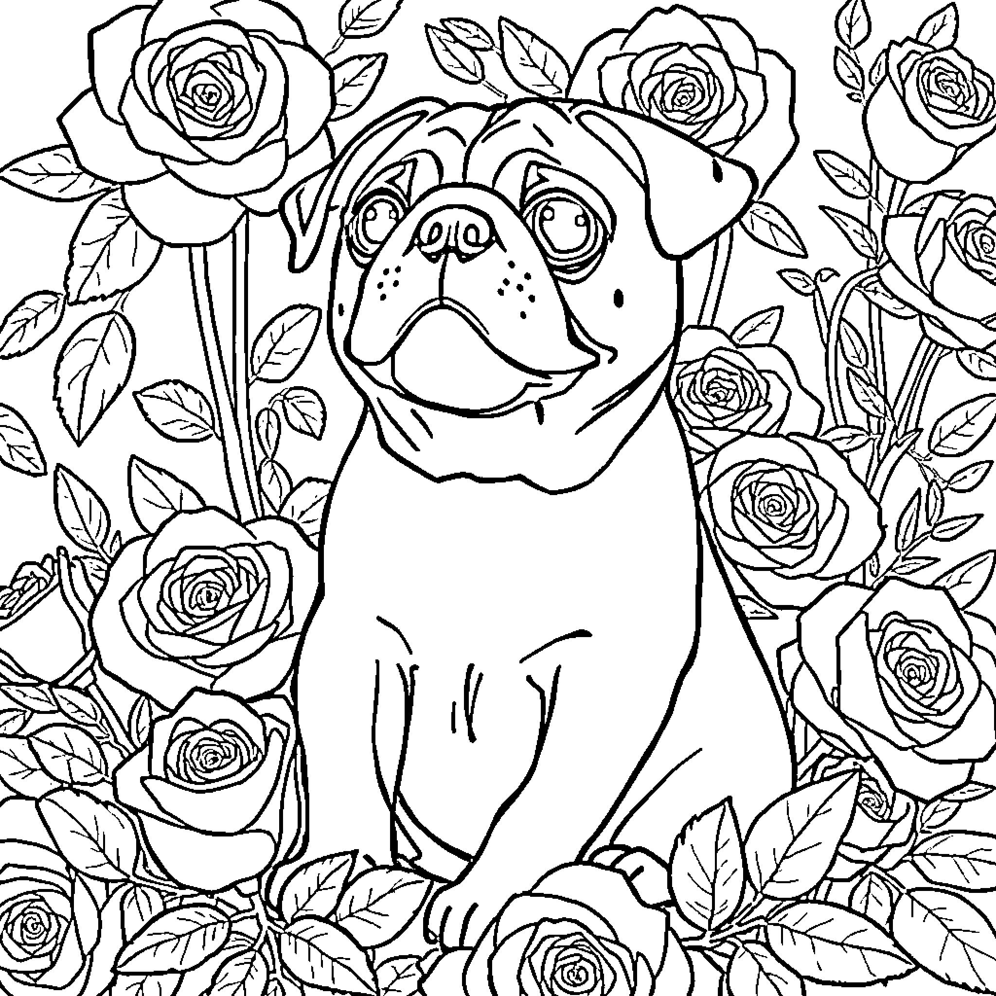 Pug surrounded by blooming roses Coloring Page (free black-and-white line drawing printable PDF for all, from beginners to advanced learners, including children, teens, adults, and seniors)