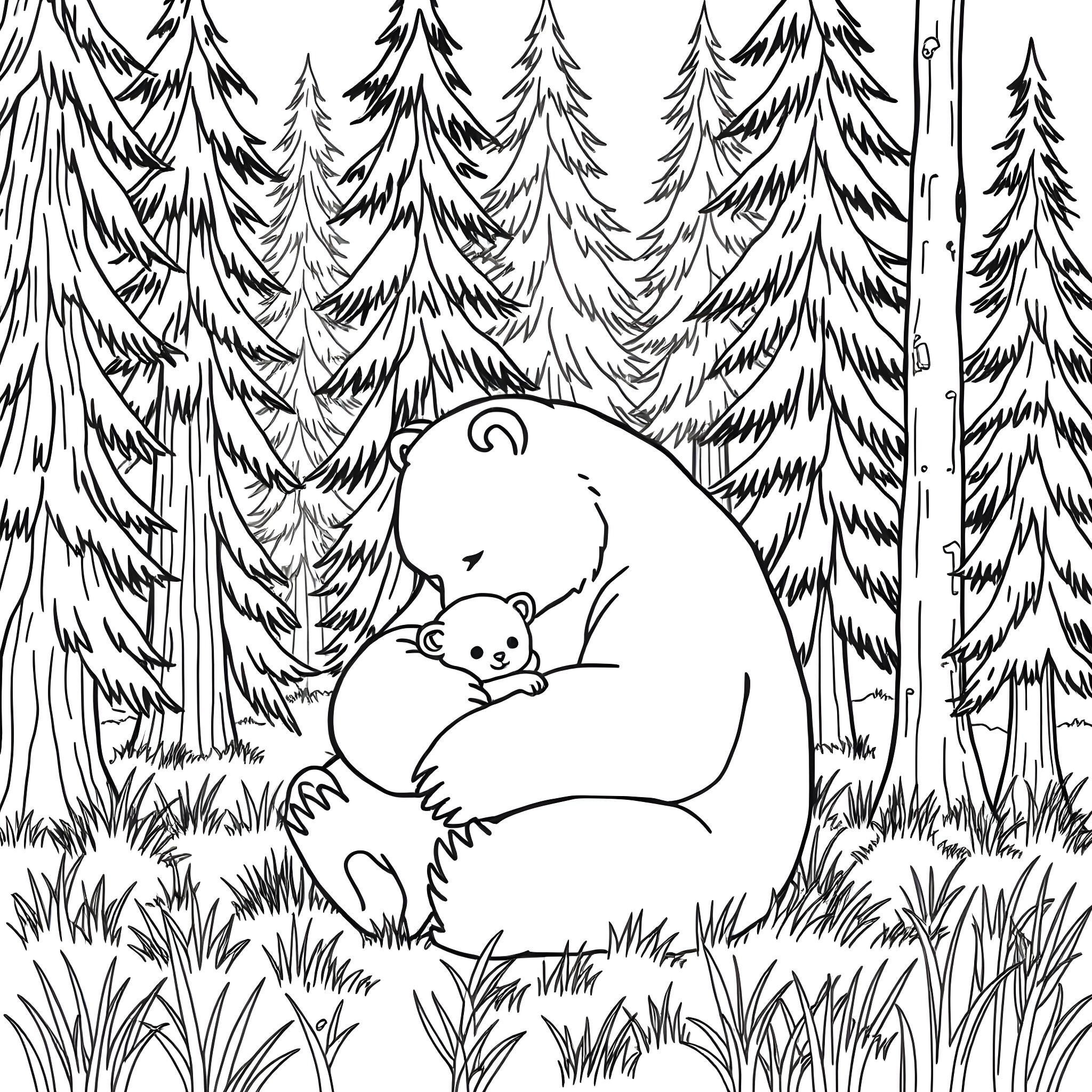 Bear and cub resting in forest Coloring Page (free black-and-white line drawing printable PDF for all, from beginners to advanced learners, including children, teens, adults, and seniors)