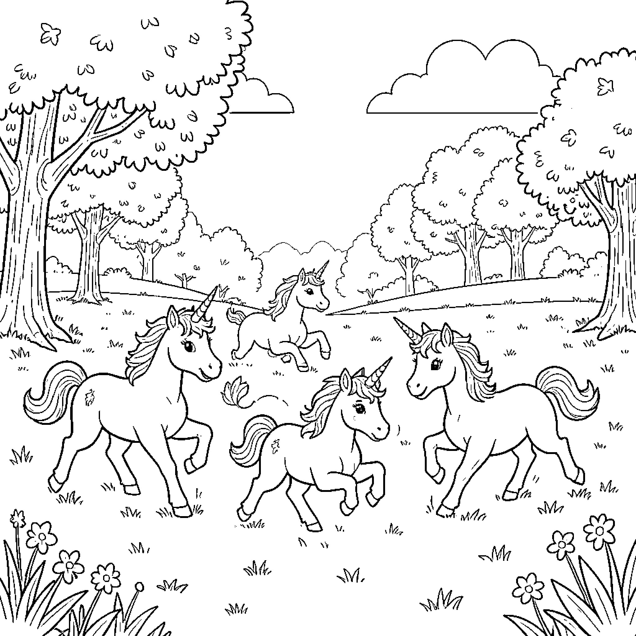 Unicorns frolicking and playing in a forest meadow Coloring Page (free black-and-white line drawing printable PDF for all, from beginners to advanced learners, including children, teens, adults, and seniors)