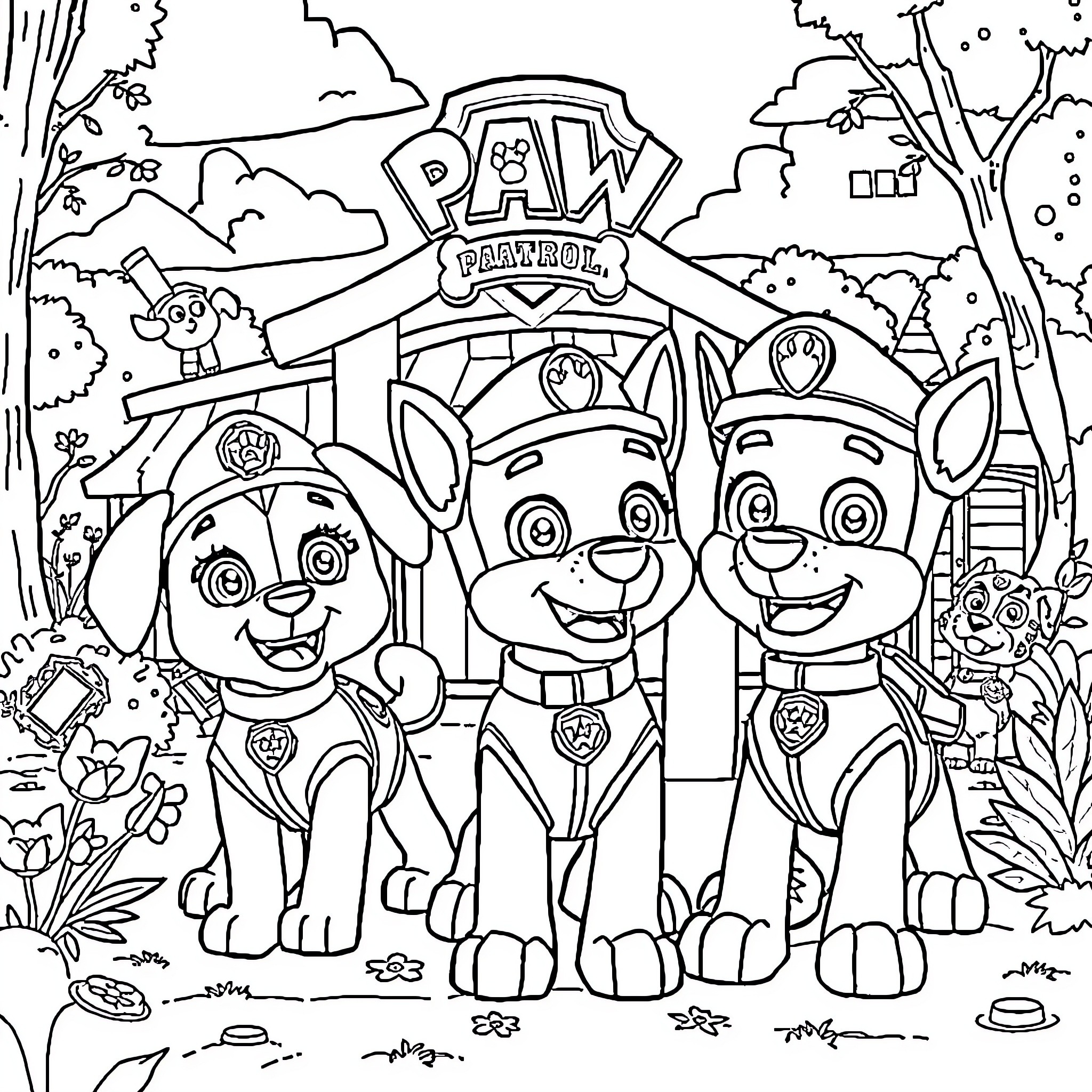 Paw Patrol pups in action at the park Coloring Page (free black-and-white line drawing printable PDF for all, from beginners to advanced learners, including children, teens, adults, and seniors)