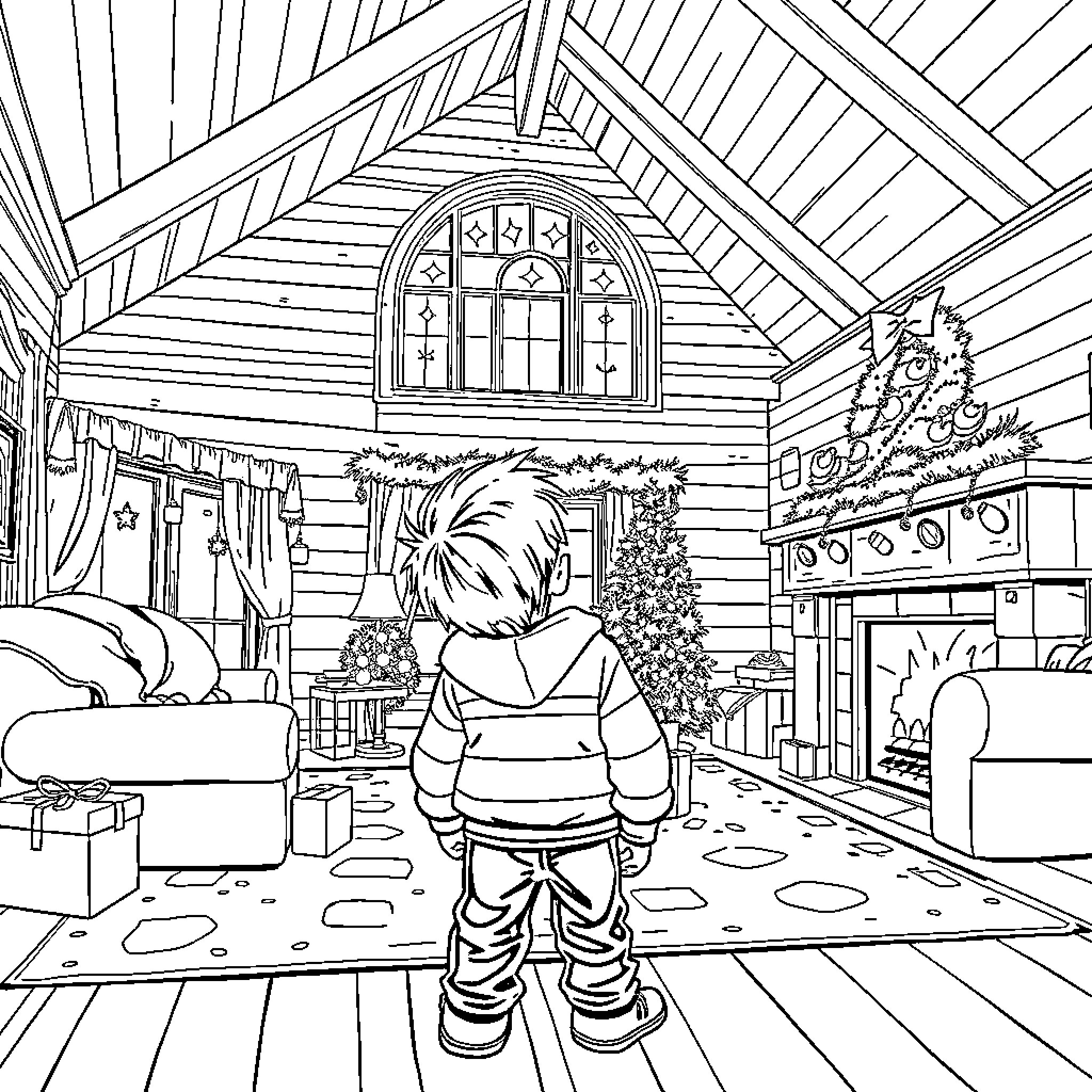 Home Alone - Child exploring cozy Christmas cabin Coloring Page (free black-and-white line drawing printable PDF for all, from beginners to advanced learners, including children, teens, adults, and seniors)