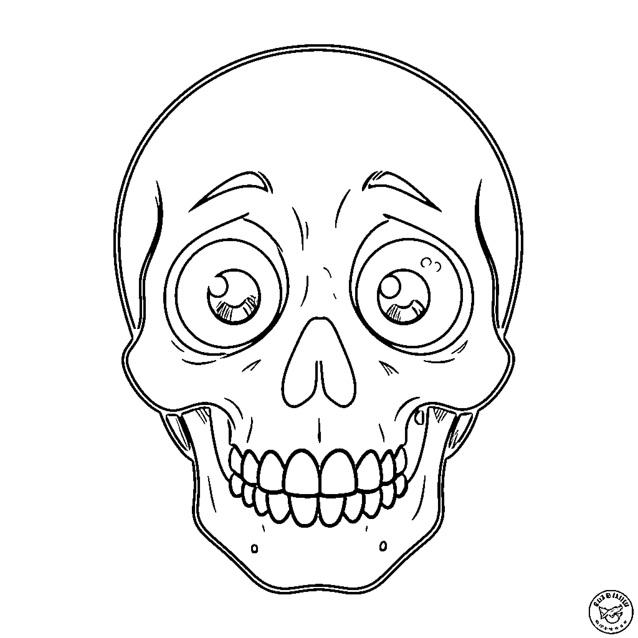 Skull with Exaggerated Facial Features Coloring Page (free black-and-white line drawing printable PDF for all, from beginners to advanced learners, including children, teens, adults, and seniors)