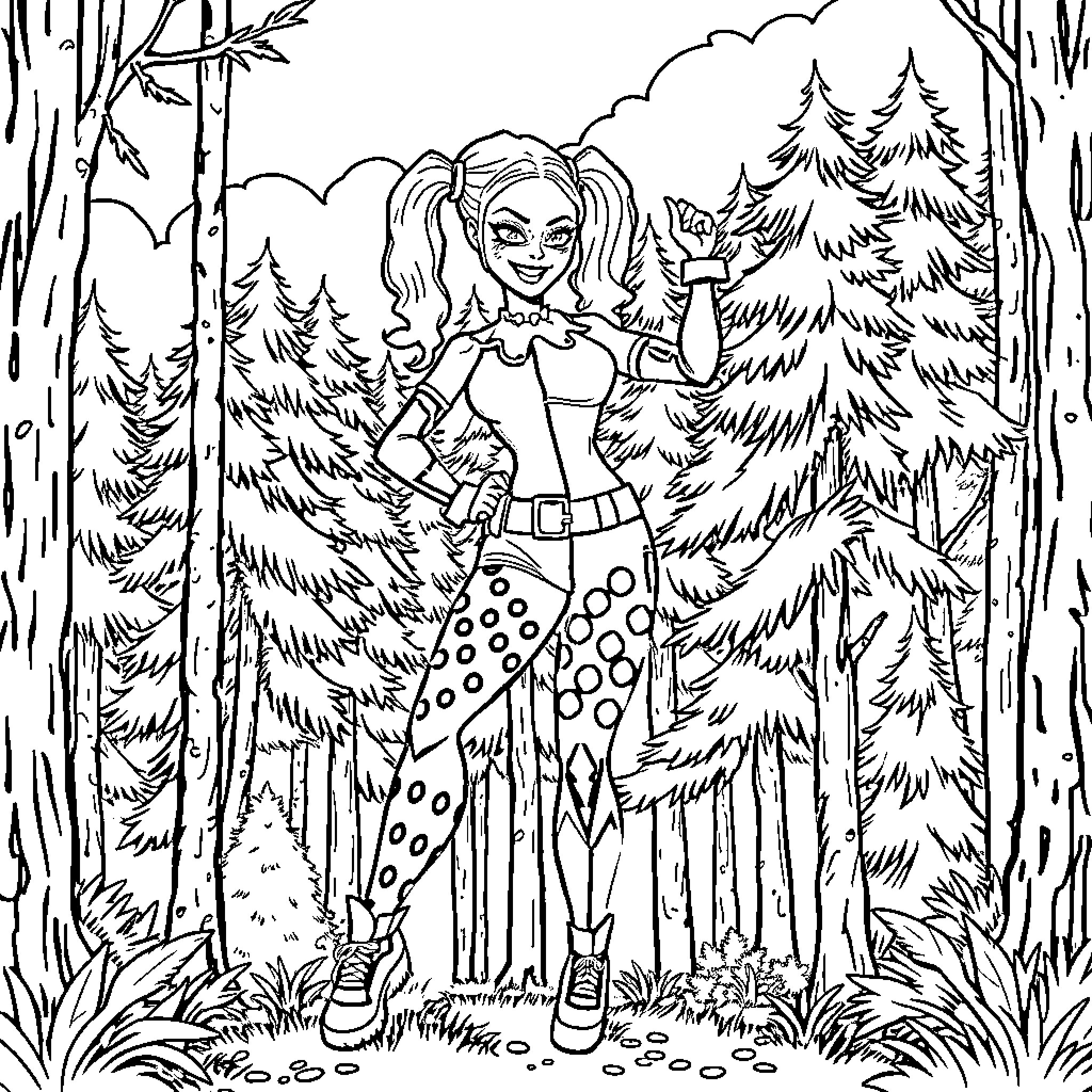 Harley Quinn's Whimsical Forest Adventure Coloring Page (free black-and-white line drawing printable PDF for all, from beginners to advanced learners, including children, teens, adults, and seniors)