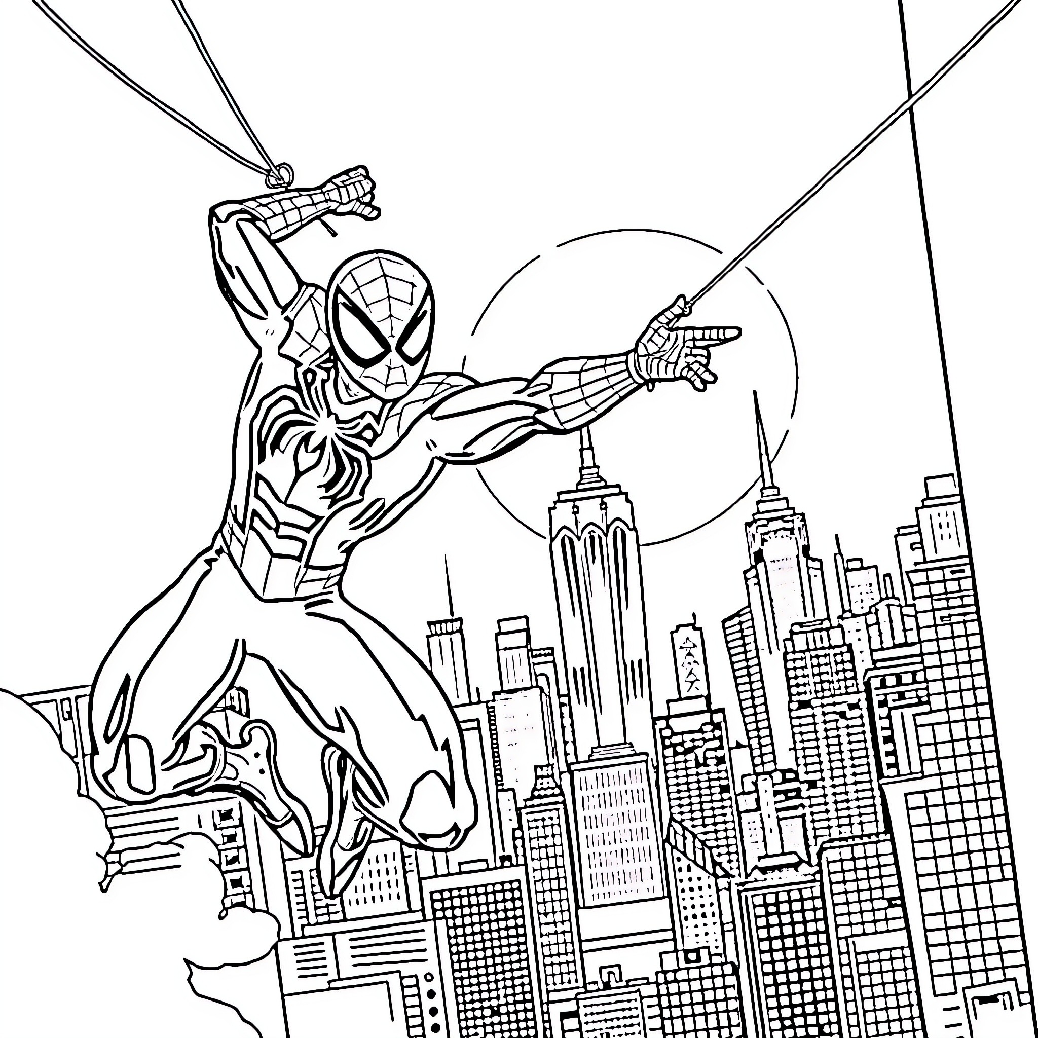 Spiderman swinging through the city skyline Coloring Page (free black-and-white line drawing printable PDF for all, from beginners to advanced learners, including children, teens, adults, and seniors)