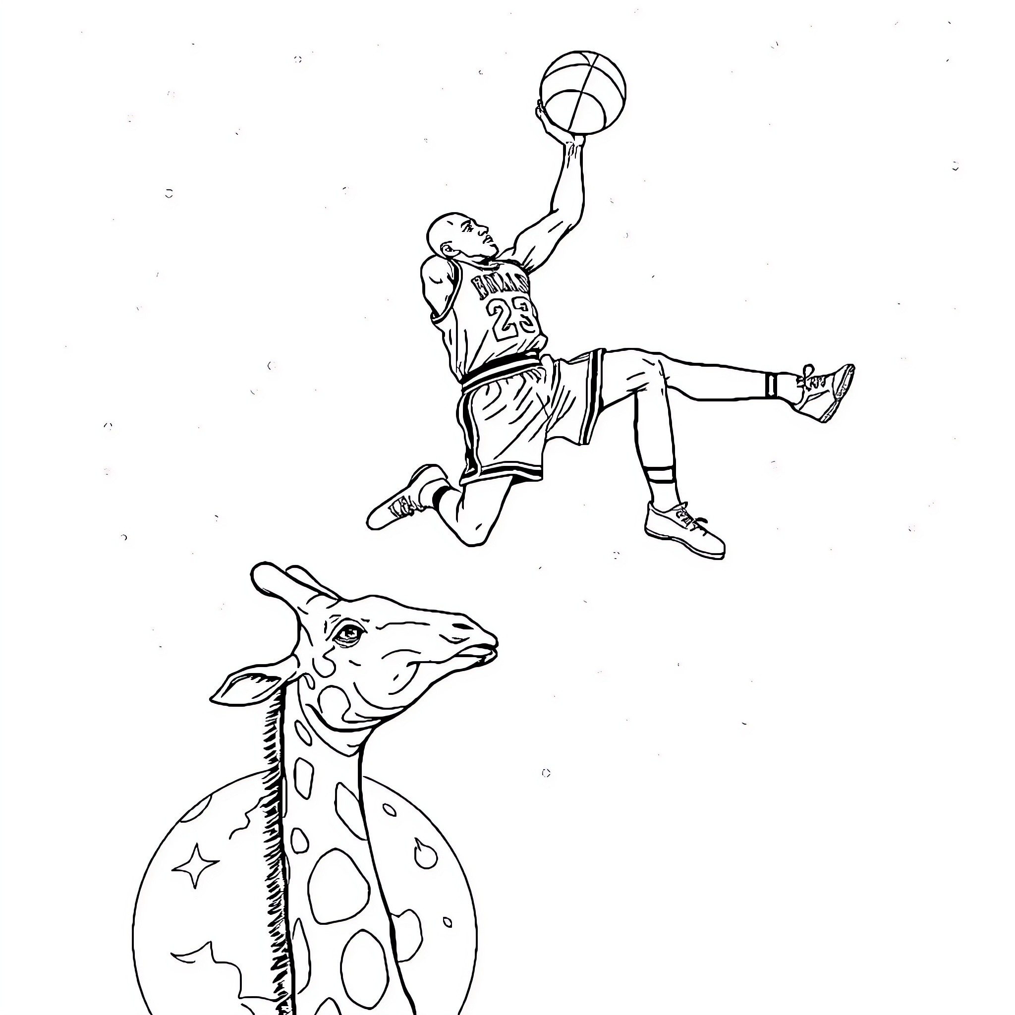 Michael Jordan soaring for a dunk over a giraffe Coloring Page (free black-and-white line drawing printable PDF for all, from beginners to advanced learners, including children, teens, adults, and seniors)