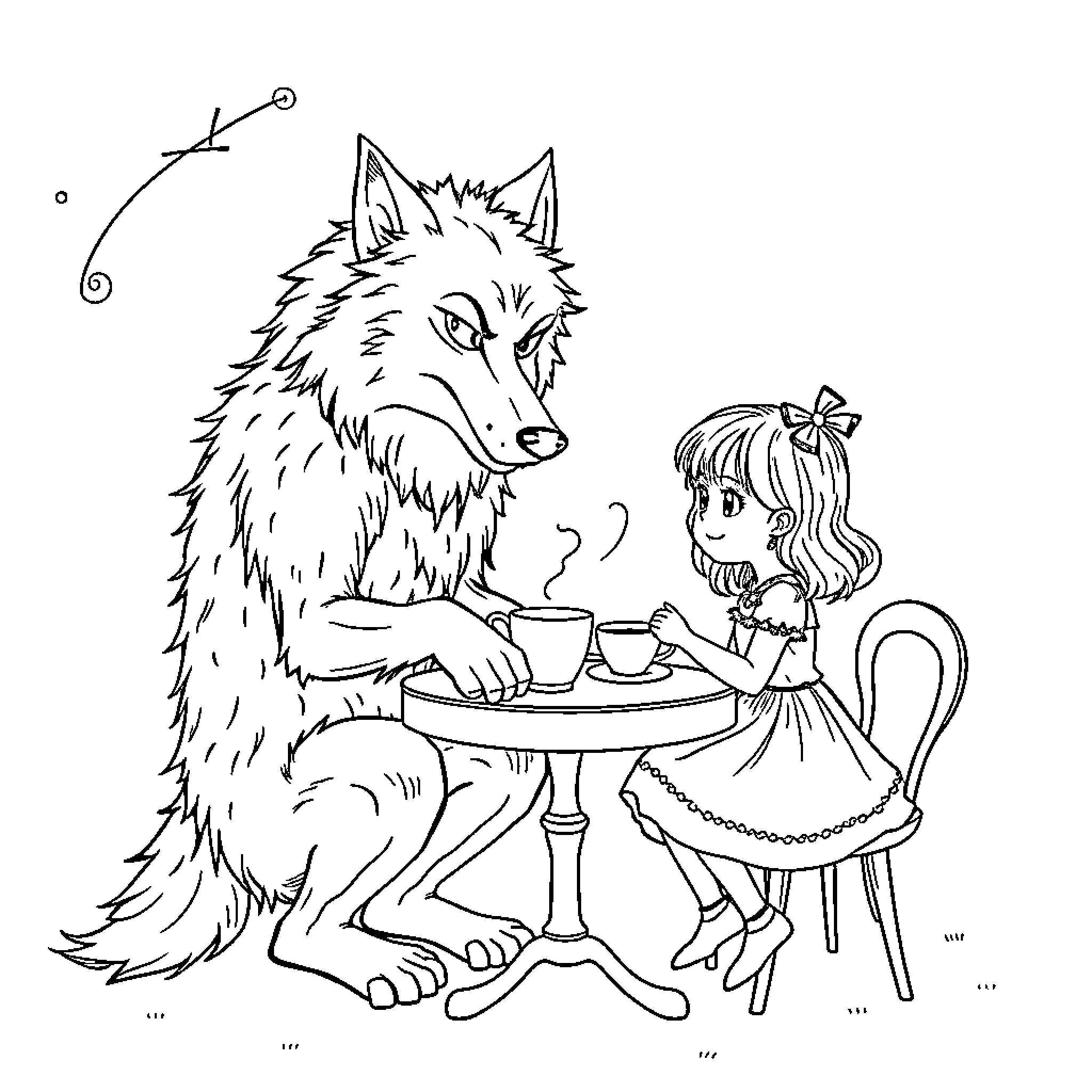 Werewolf having tea with a young girl Coloring Page (free black-and-white line drawing printable PDF for all, from beginners to advanced learners, including children, teens, adults, and seniors)