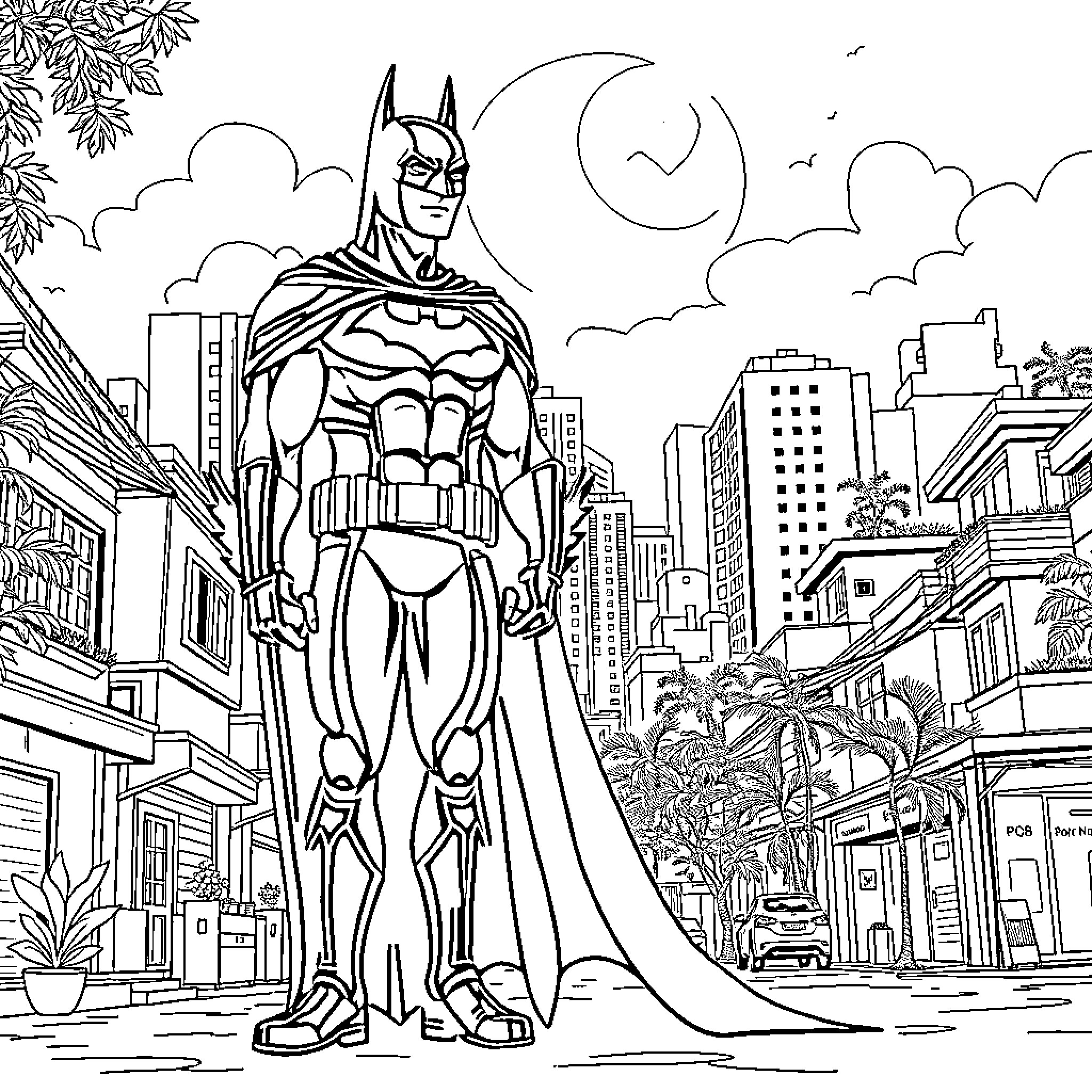 Batman heroically stands in the city at night Coloring Page (free black-and-white line drawing printable PDF for all, from beginners to advanced learners, including children, teens, adults, and seniors)
