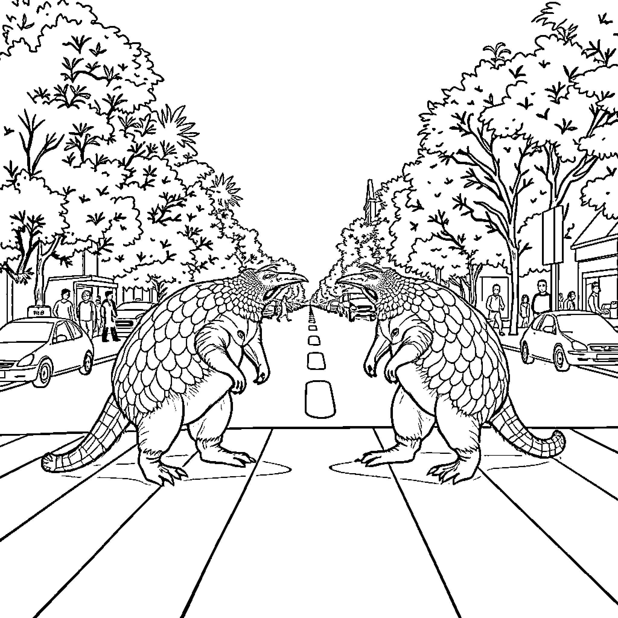 Pangolins crossing the street in the city Coloring Page (free black-and-white line drawing printable PDF for all, from beginners to advanced learners, including children, teens, adults, and seniors)