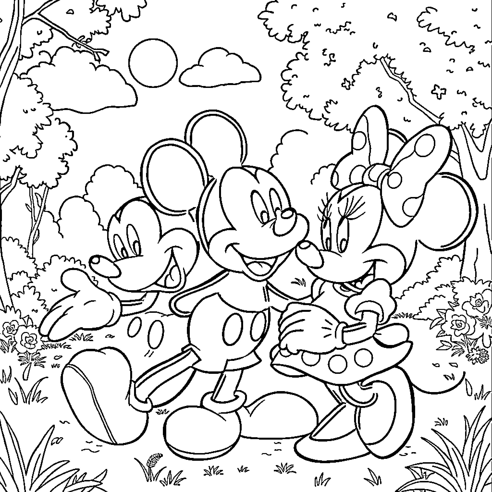 Mickey and Minnie's Playful Outing Coloring Page (free black-and-white line drawing printable PDF for all, from beginners to advanced learners, including children, teens, adults, and seniors)