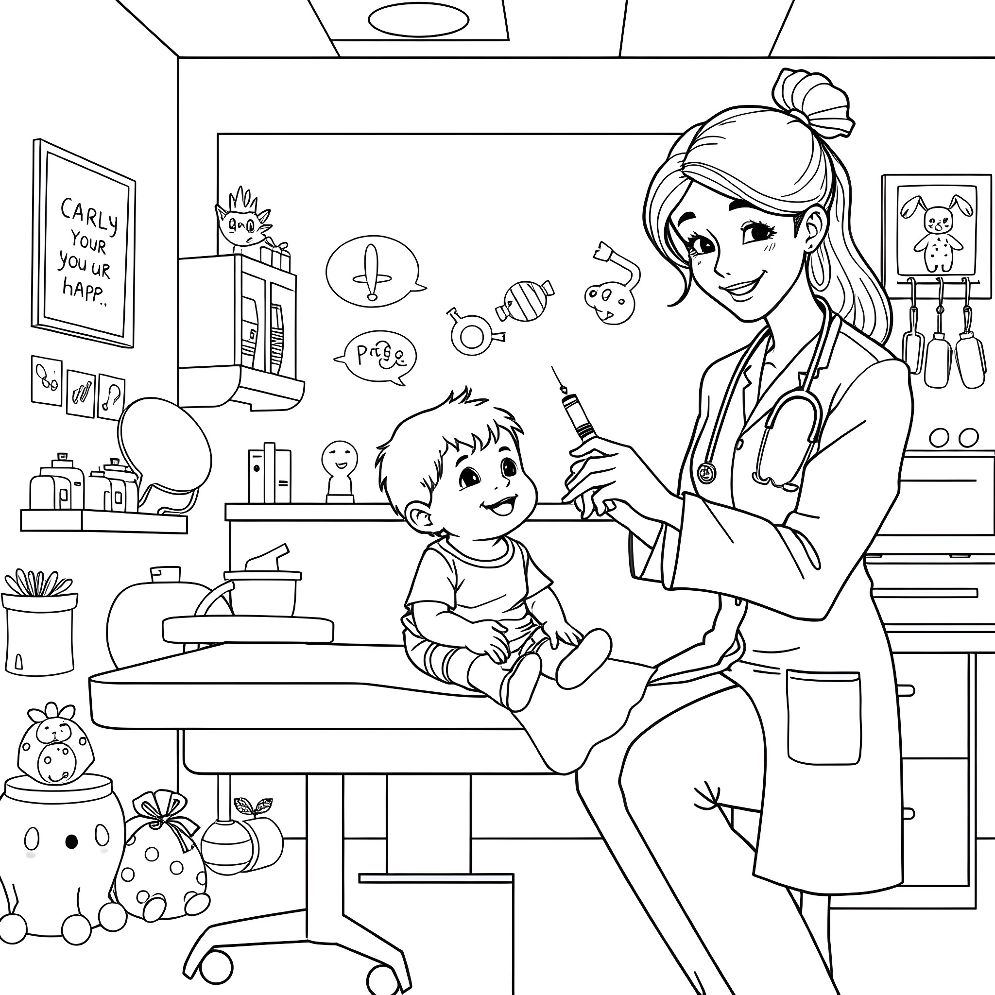 Kid interacting with a caring doctor in a medical office Coloring Page (free black-and-white line drawing printable PDF for all, from beginners to advanced learners, including children, teens, adults, and seniors)