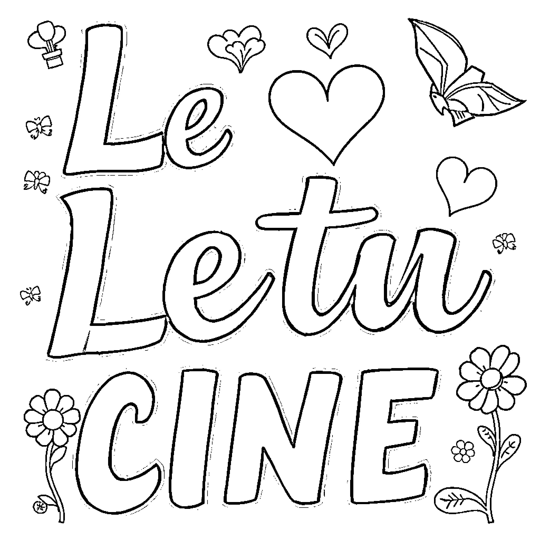 Letter A Playful Floral Motif with Hearts Coloring Page (free black-and-white line drawing printable PDF for all, from beginners to advanced learners, including children, teens, adults, and seniors)