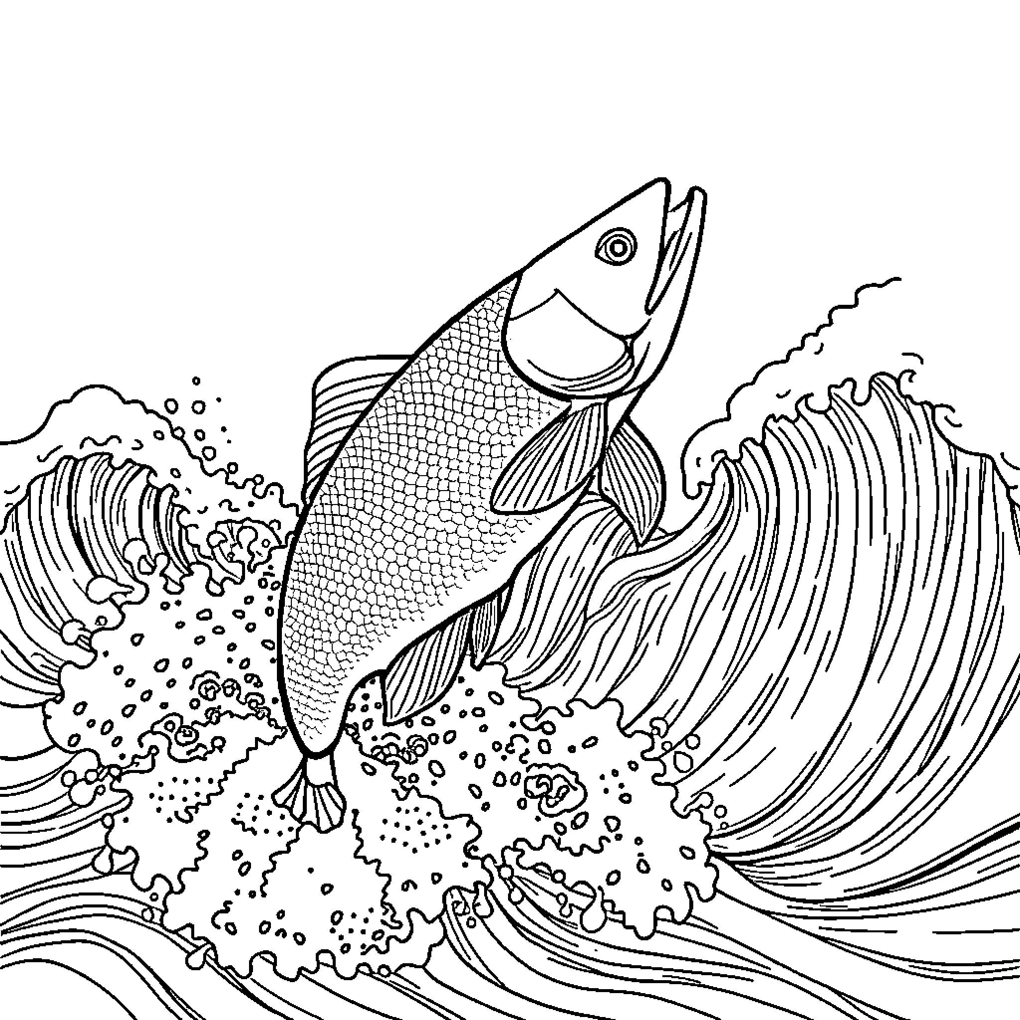 Salmon leaping through crashing waves Coloring Page (free black-and-white line drawing printable PDF for all, from beginners to advanced learners, including children, teens, adults, and seniors)