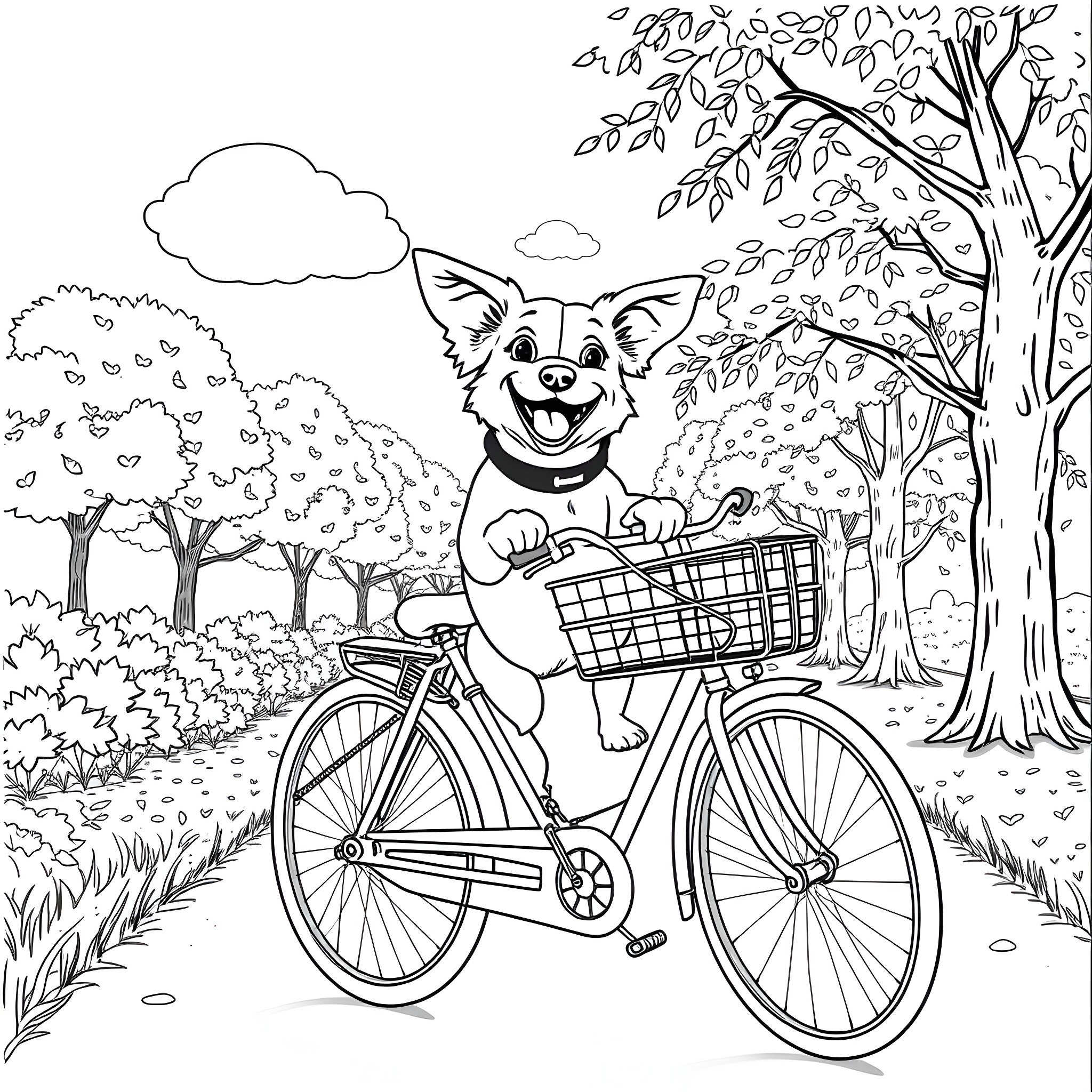 Dog riding bicycle through the park Coloring Page (free black-and-white line drawing printable PDF for all, from beginners to advanced learners, including children, teens, adults, and seniors)