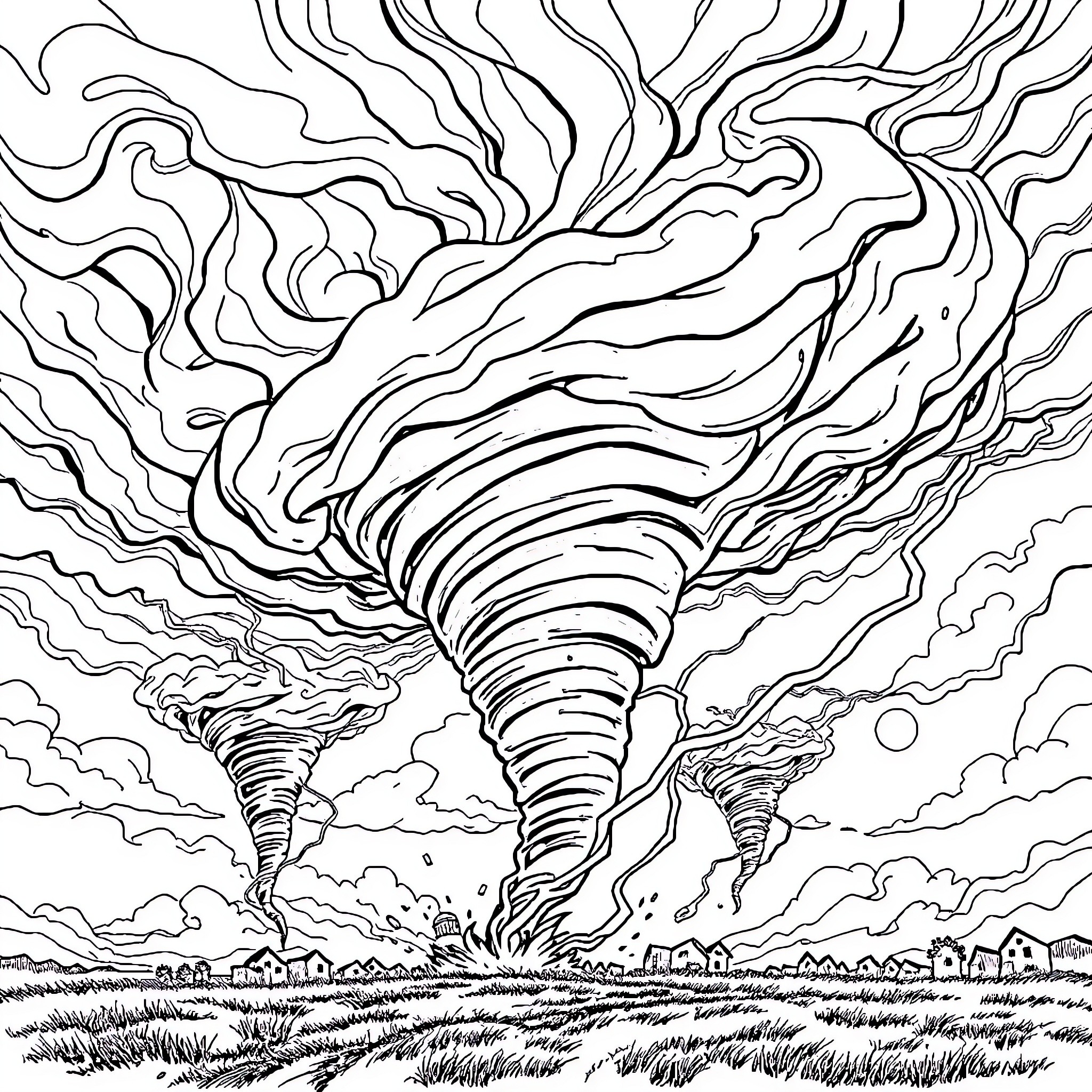 Tornado Raging Through the Countryside Coloring Page (free black-and-white line drawing printable PDF for all, from beginners to advanced learners, including children, teens, adults, and seniors)
