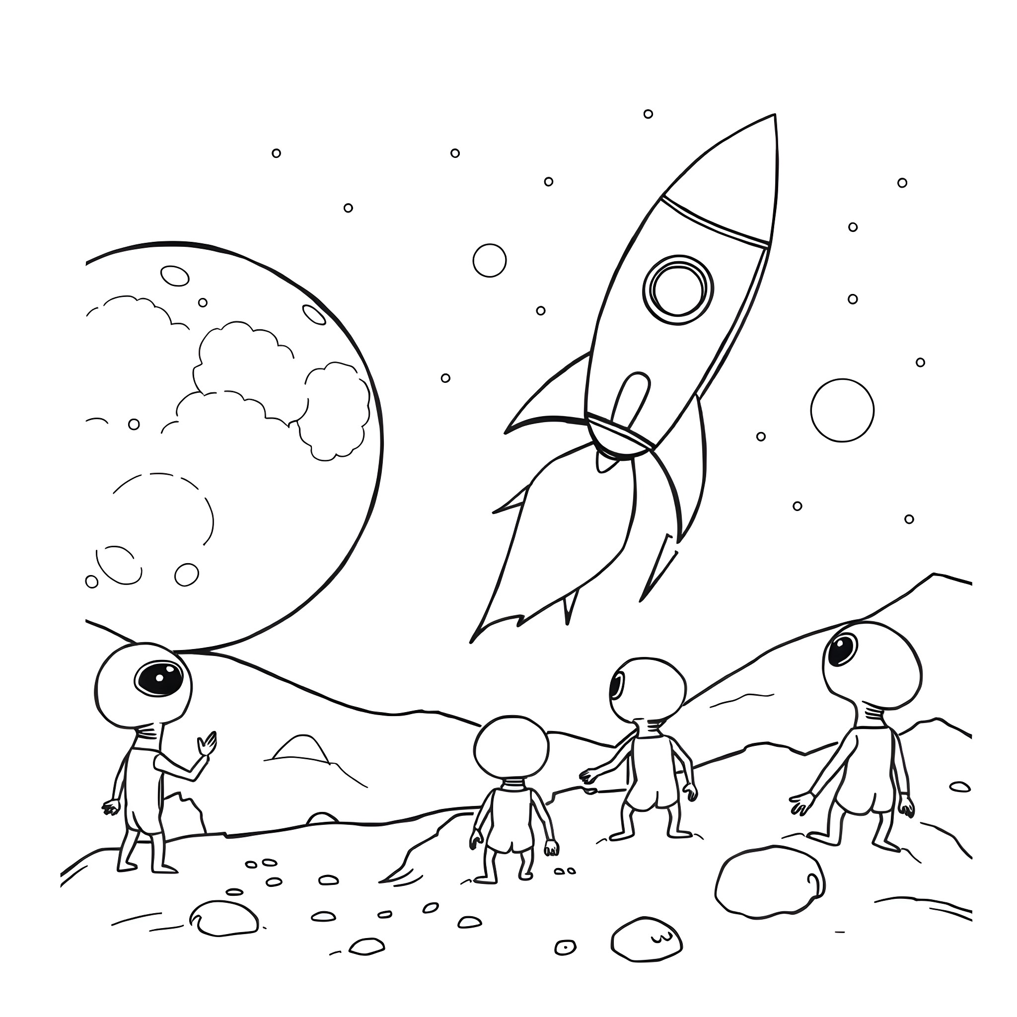Rocket blasting off with alien friends on a space adventure Coloring Page (free black-and-white line drawing printable PDF for all, from beginners to advanced learners, including children, teens, adults, and seniors)