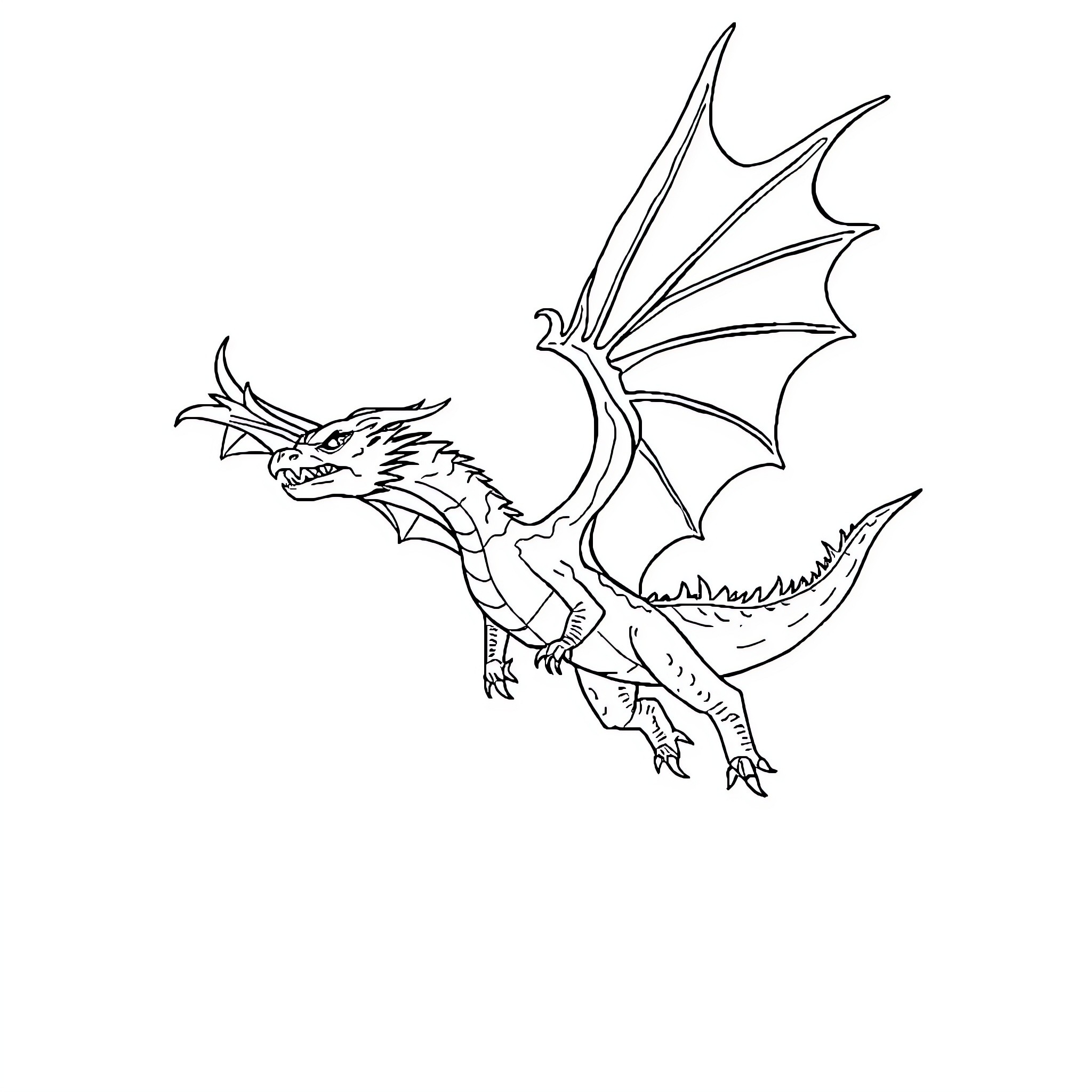 Dragon soaring with outstretched wings Coloring Page (free black-and-white line drawing printable PDF for all, from beginners to advanced learners, including children, teens, adults, and seniors)