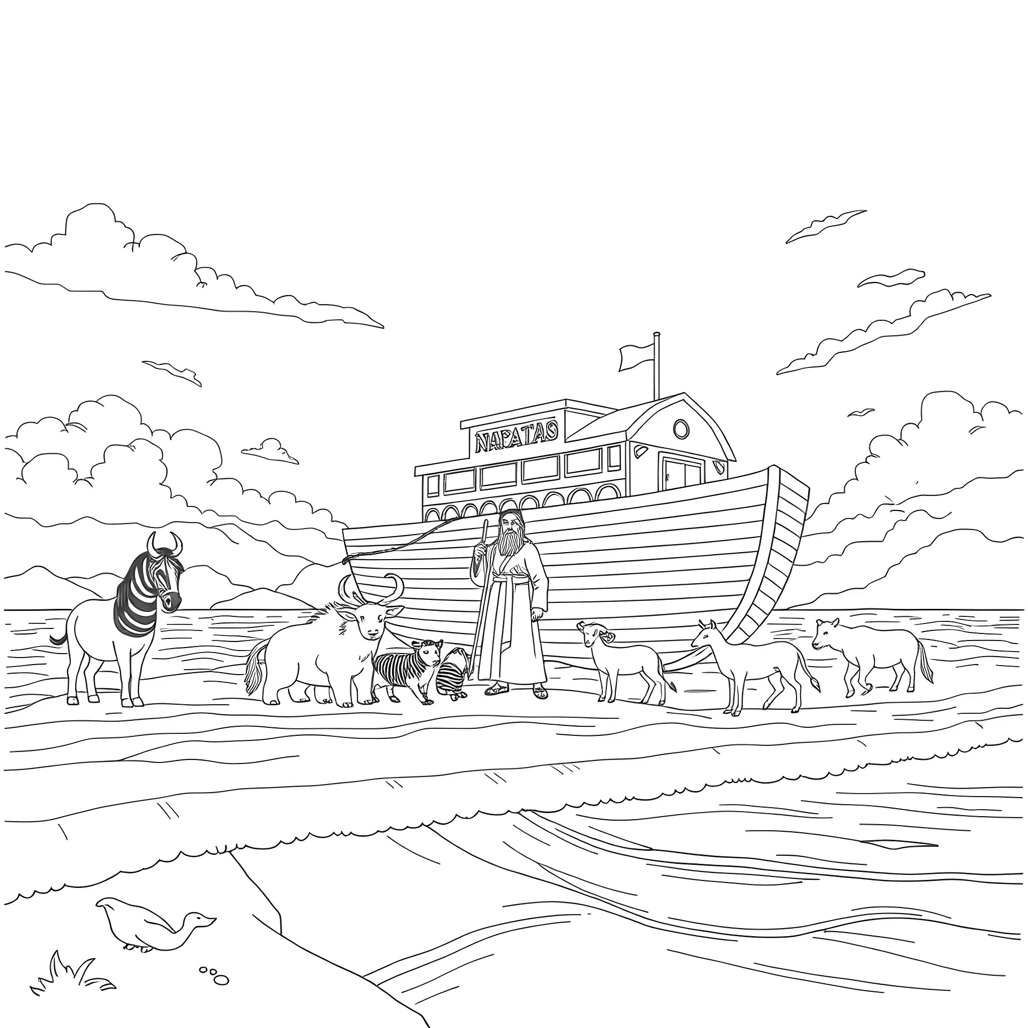 Noah's Ark Voyage with Animals and Faith Coloring Page (free black-and-white line drawing printable PDF for all, from beginners to advanced learners, including children, teens, adults, and seniors)
