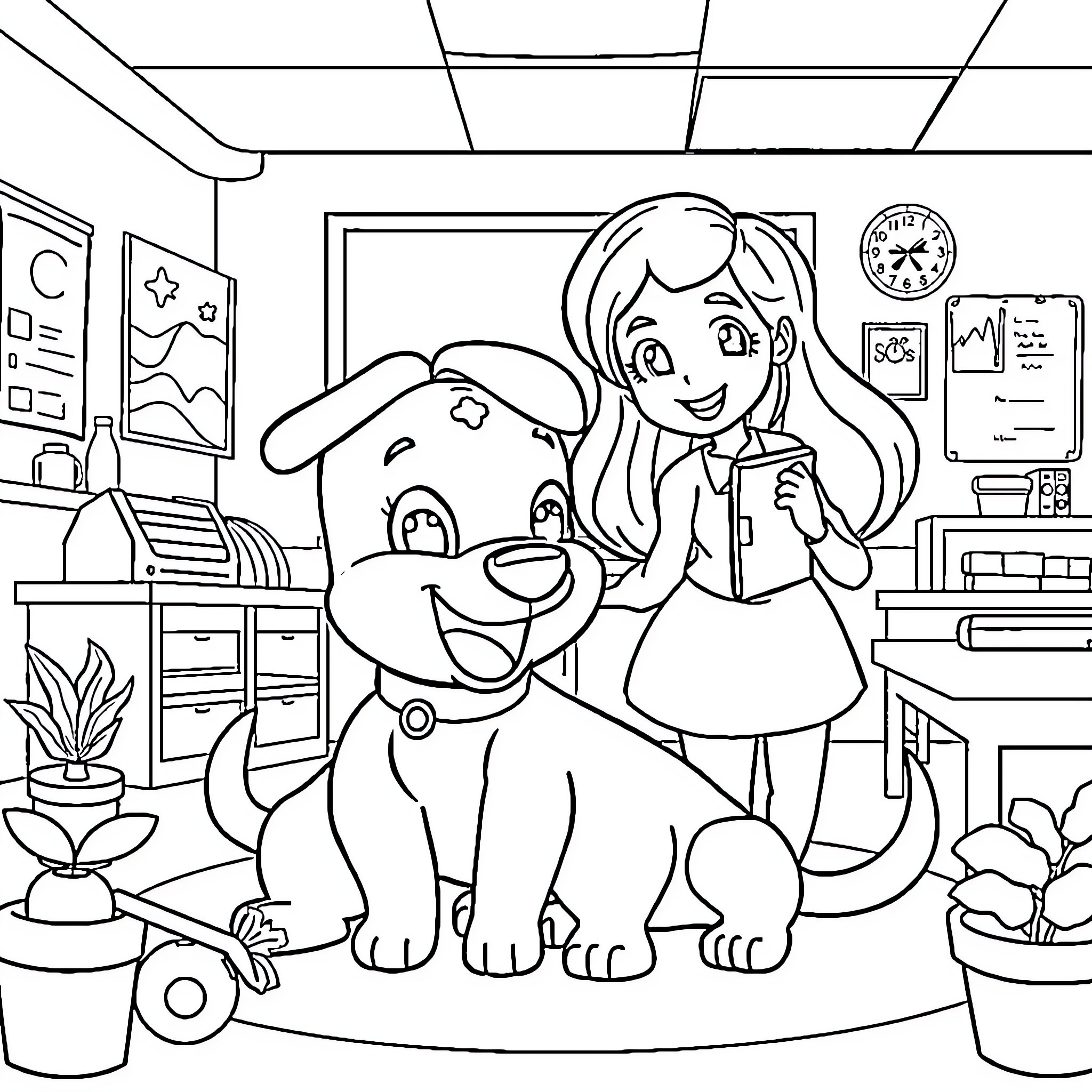 Bluey and her dog friend playing happily in the room Coloring Page (free black-and-white line drawing printable PDF for all, from beginners to advanced learners, including children, teens, adults, and seniors)