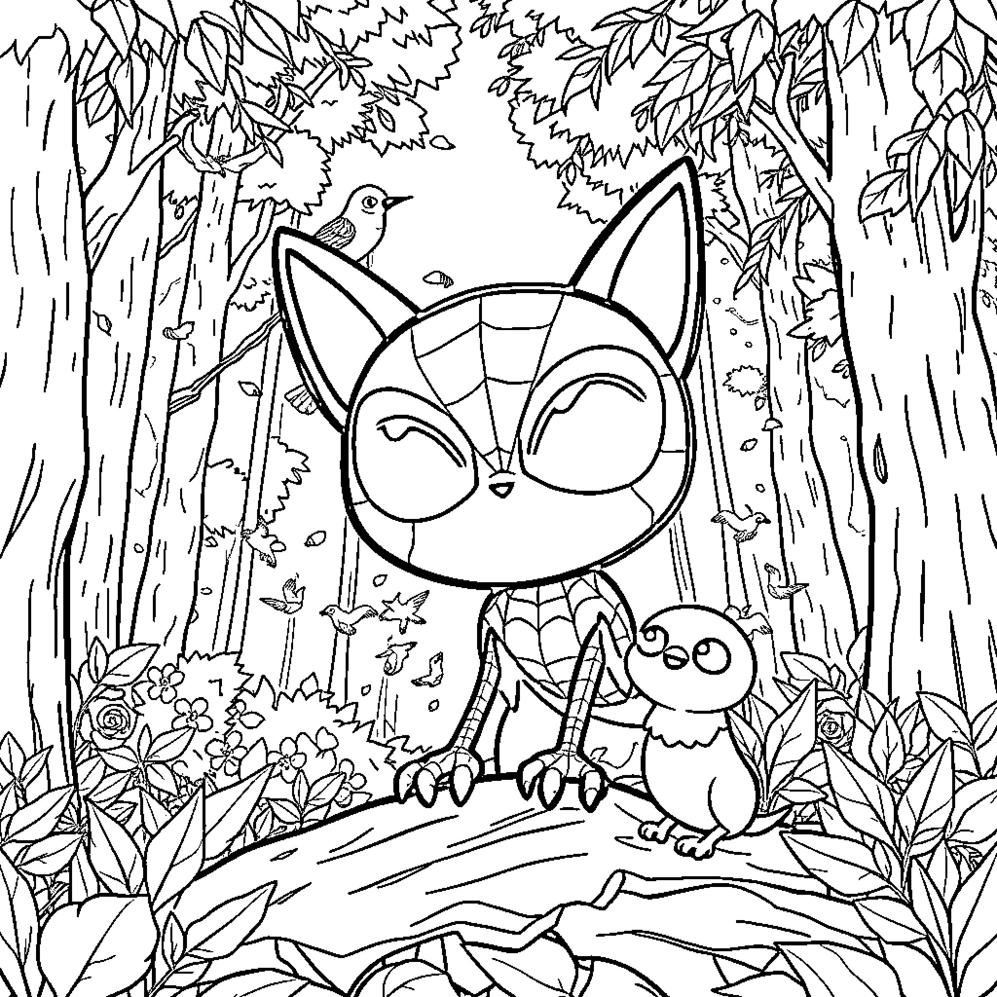 Spider-like creature exploring the forest with bird Coloring Page (free black-and-white line drawing printable PDF for all, from beginners to advanced learners, including children, teens, adults, and seniors)