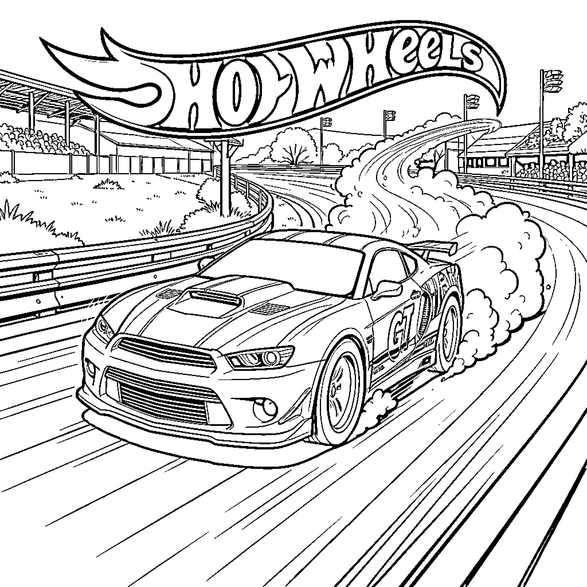 Hot Wheels race car drifting on a track Coloring Page (free black-and-white line drawing printable PDF for all, from beginners to advanced learners, including children, teens, adults, and seniors)