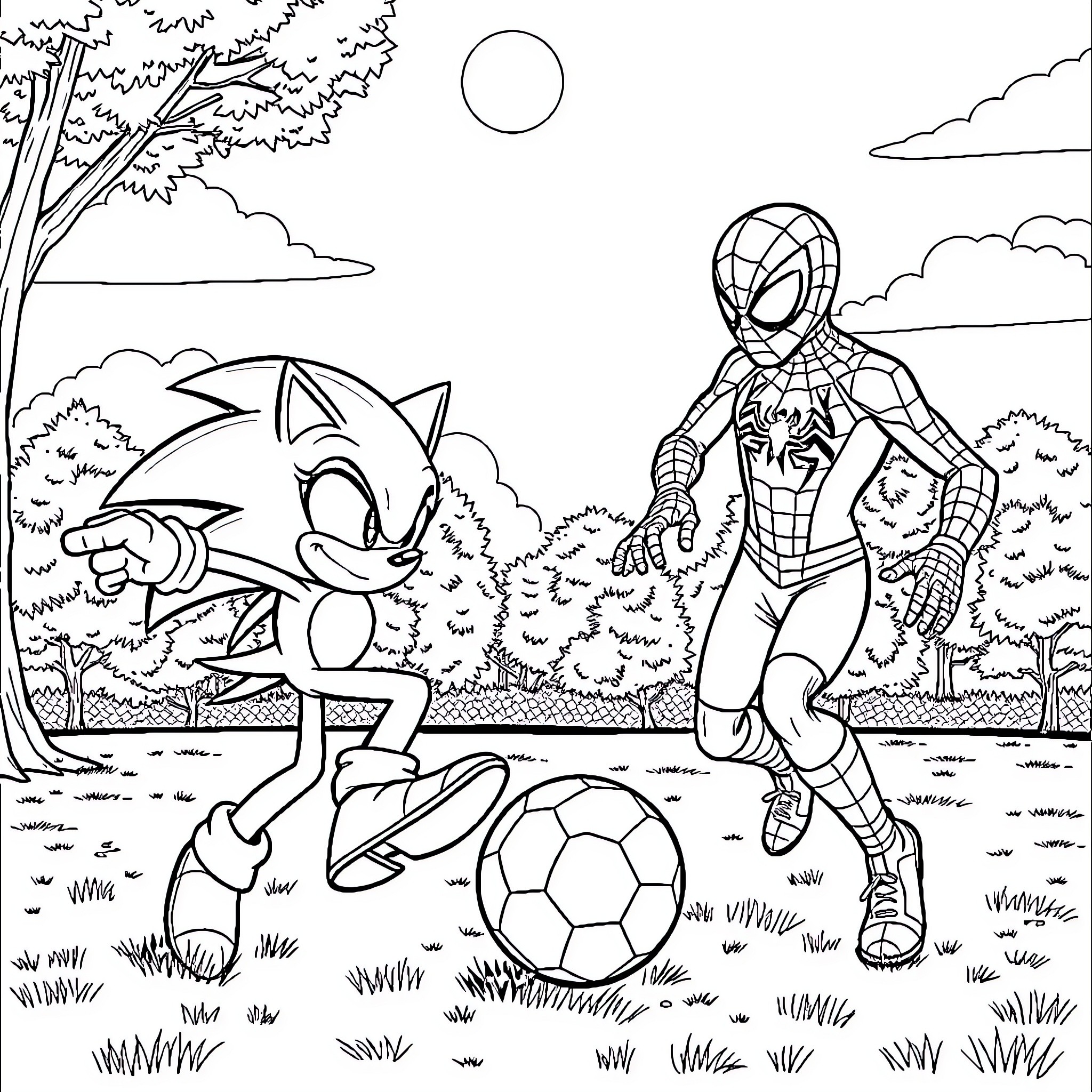 Sonic and Spider-Man play soccer in the park Coloring Page (free black-and-white line drawing printable PDF for all, from beginners to advanced learners, including children, teens, adults, and seniors)