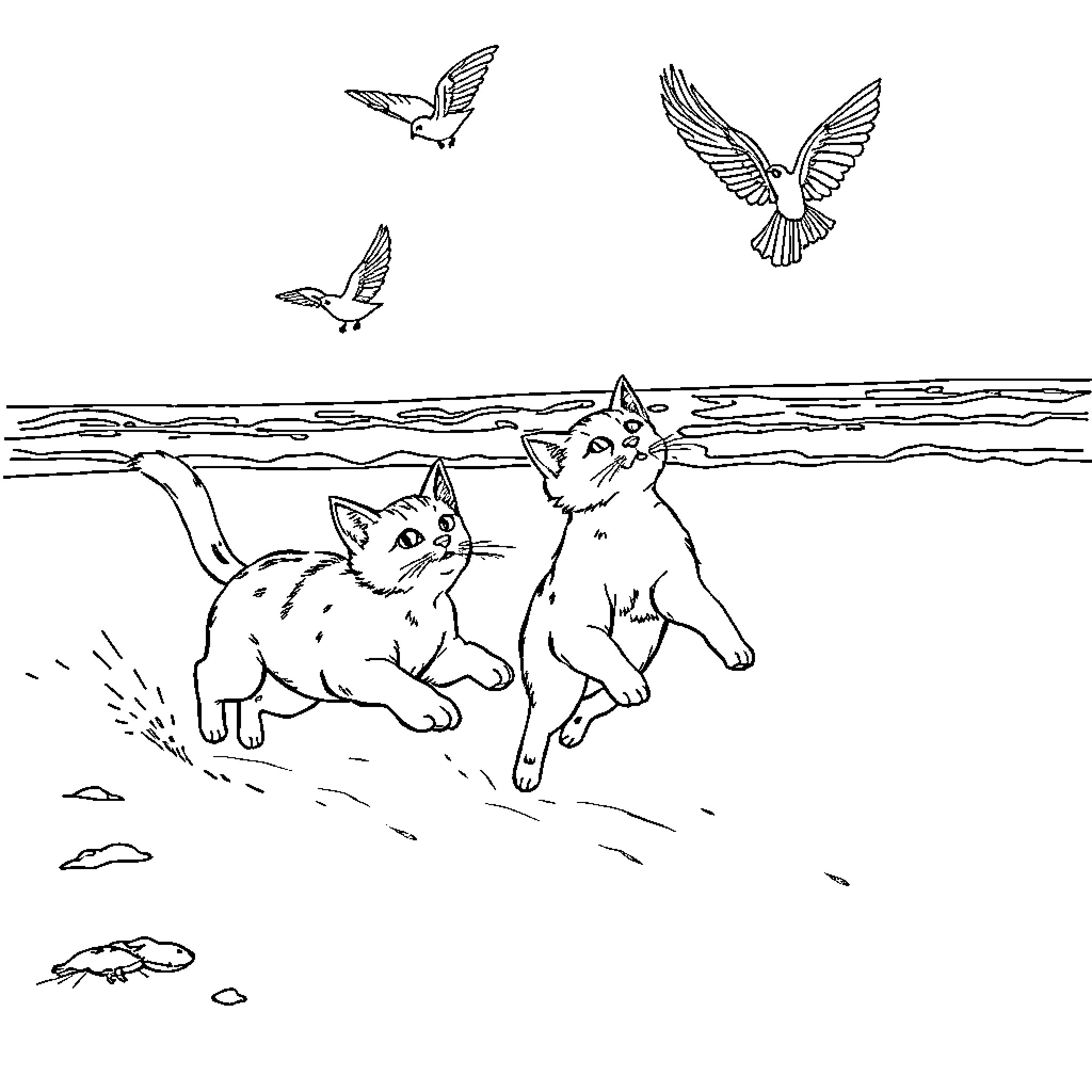 Cats playing on the beach with seagulls Coloring Page (free black-and-white line drawing printable PDF for all, from beginners to advanced learners, including children, teens, adults, and seniors)