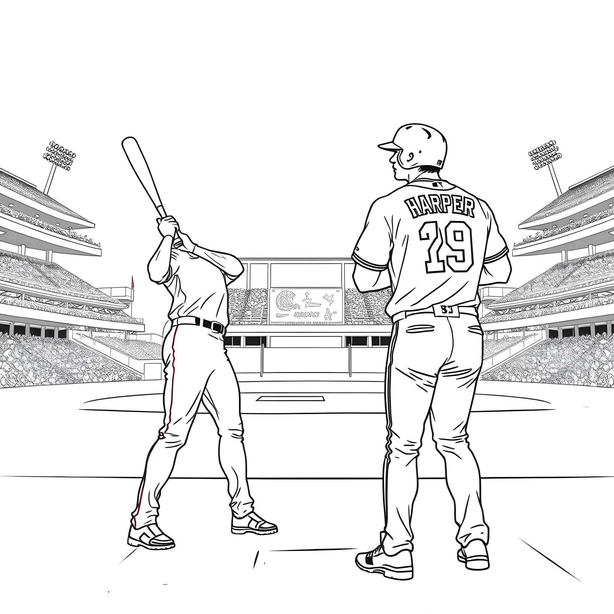 Bryce Harper in batting stance at baseball stadium Coloring Page (free black-and-white line drawing printable PDF for all, from beginners to advanced learners, including children, teens, adults, and seniors)