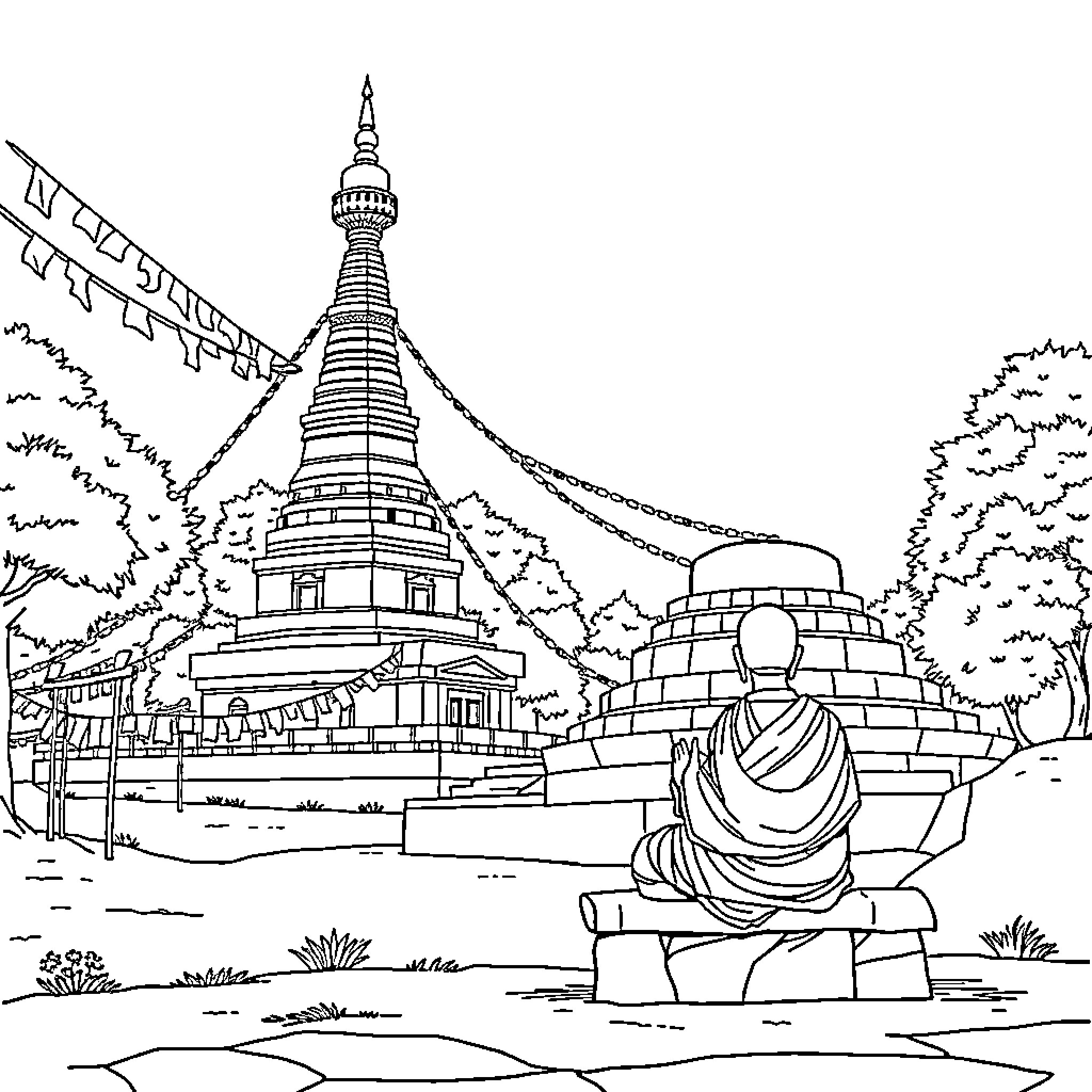 Buddhist Monk Meditating in Front of Ancient Temple Coloring Page (free black-and-white line drawing printable PDF for all, from beginners to advanced learners, including children, teens, adults, and seniors)