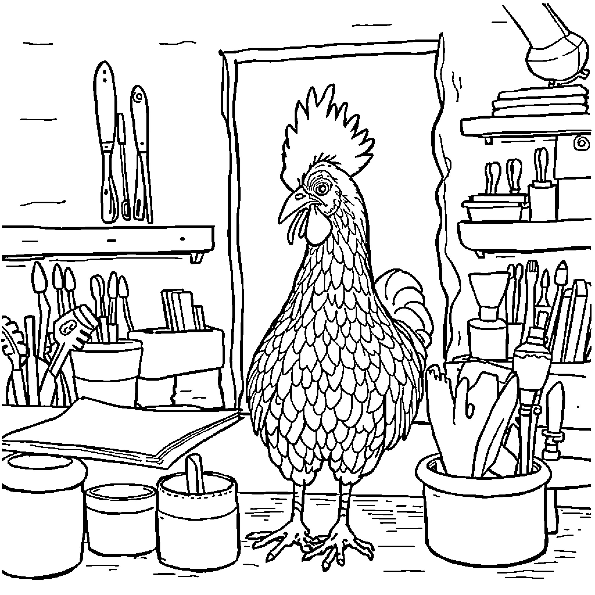 Gallina in the artist's studio Coloring Page (free black-and-white line drawing printable PDF for all, from beginners to advanced learners, including children, teens, adults, and seniors)