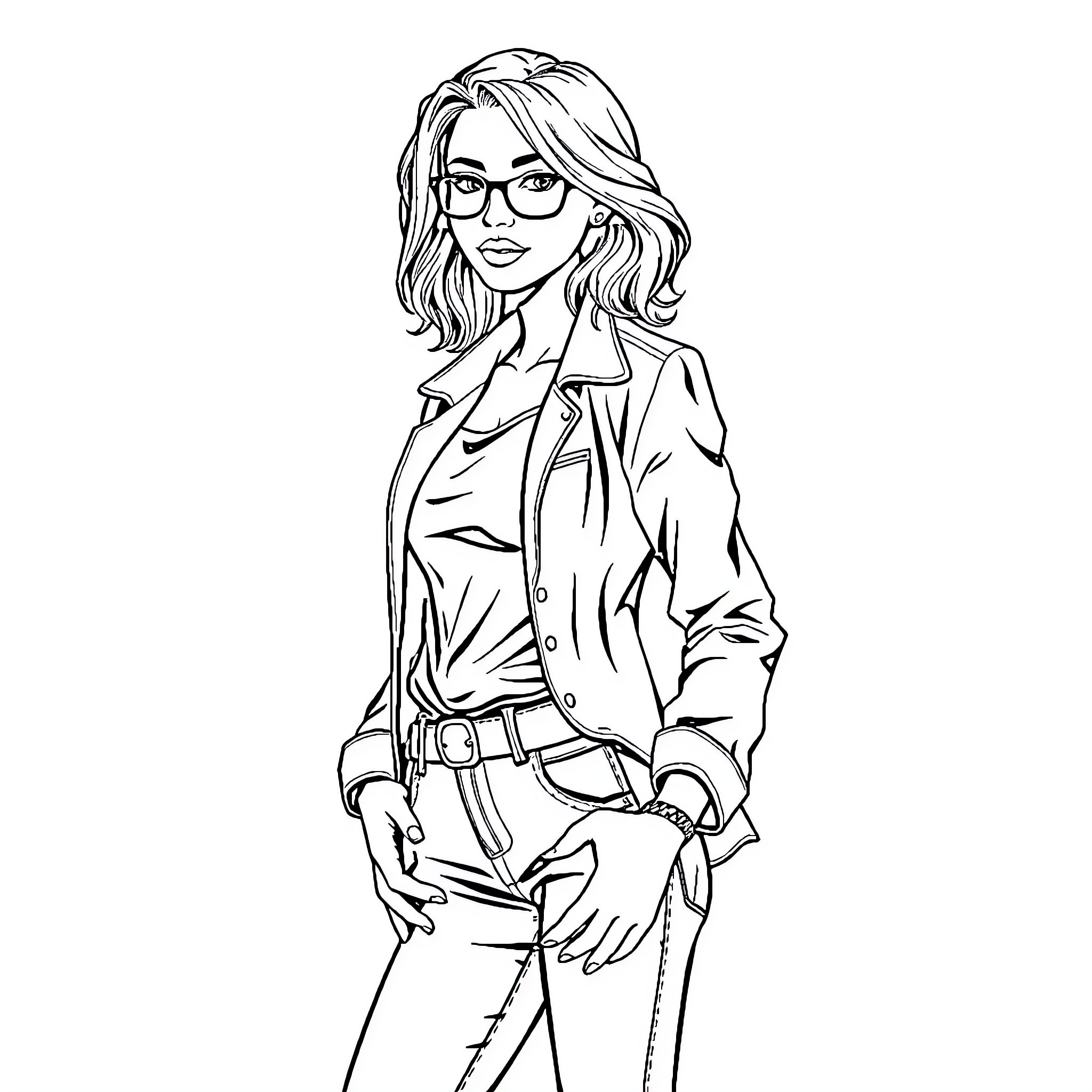 Woman in professional attire with glasses Coloring Page (free black-and-white line drawing printable PDF for all, from beginners to advanced learners, including children, teens, adults, and seniors)
