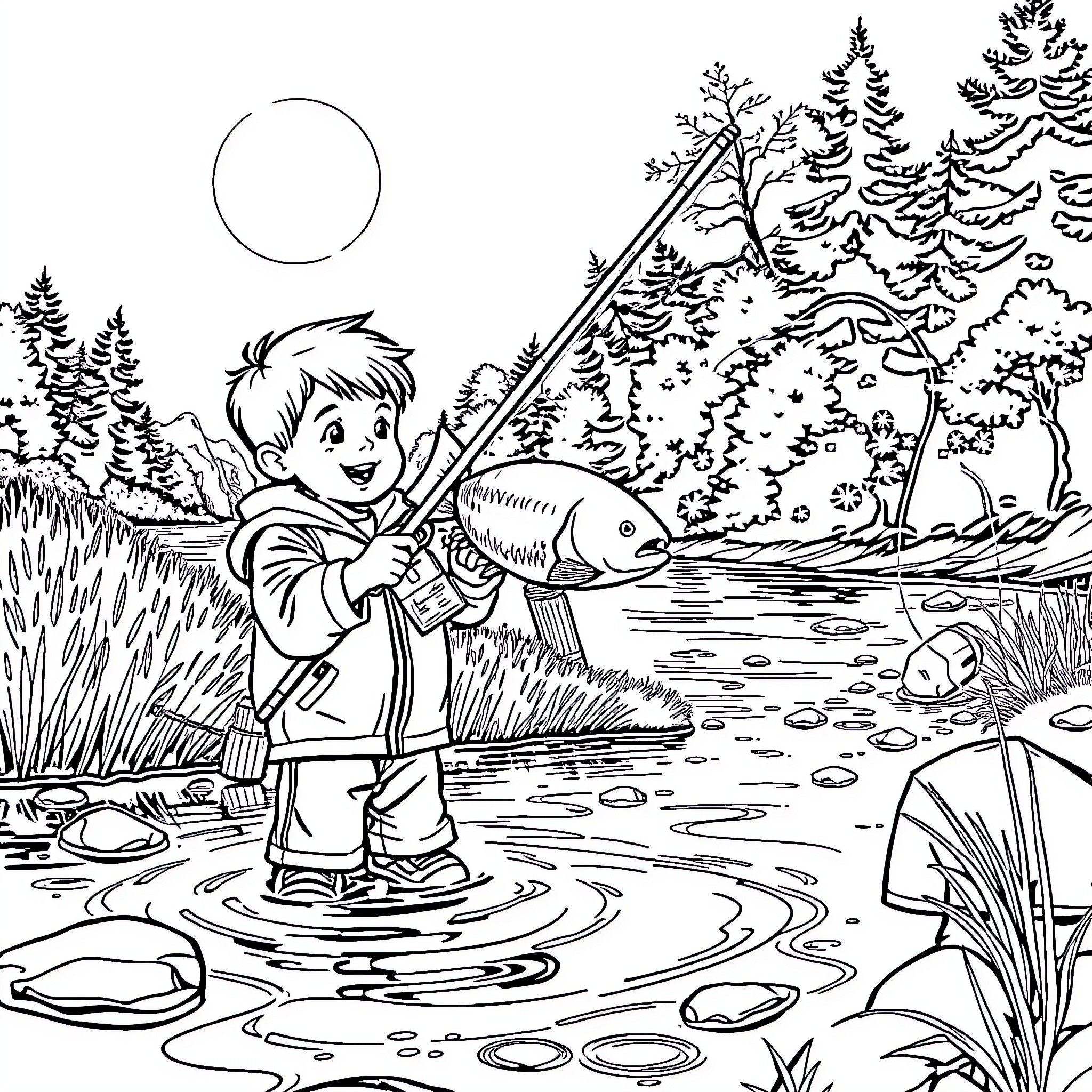 Boy fishing happily in serene forest stream Coloring Page (free black-and-white line drawing printable PDF for all, from beginners to advanced learners, including children, teens, adults, and seniors)