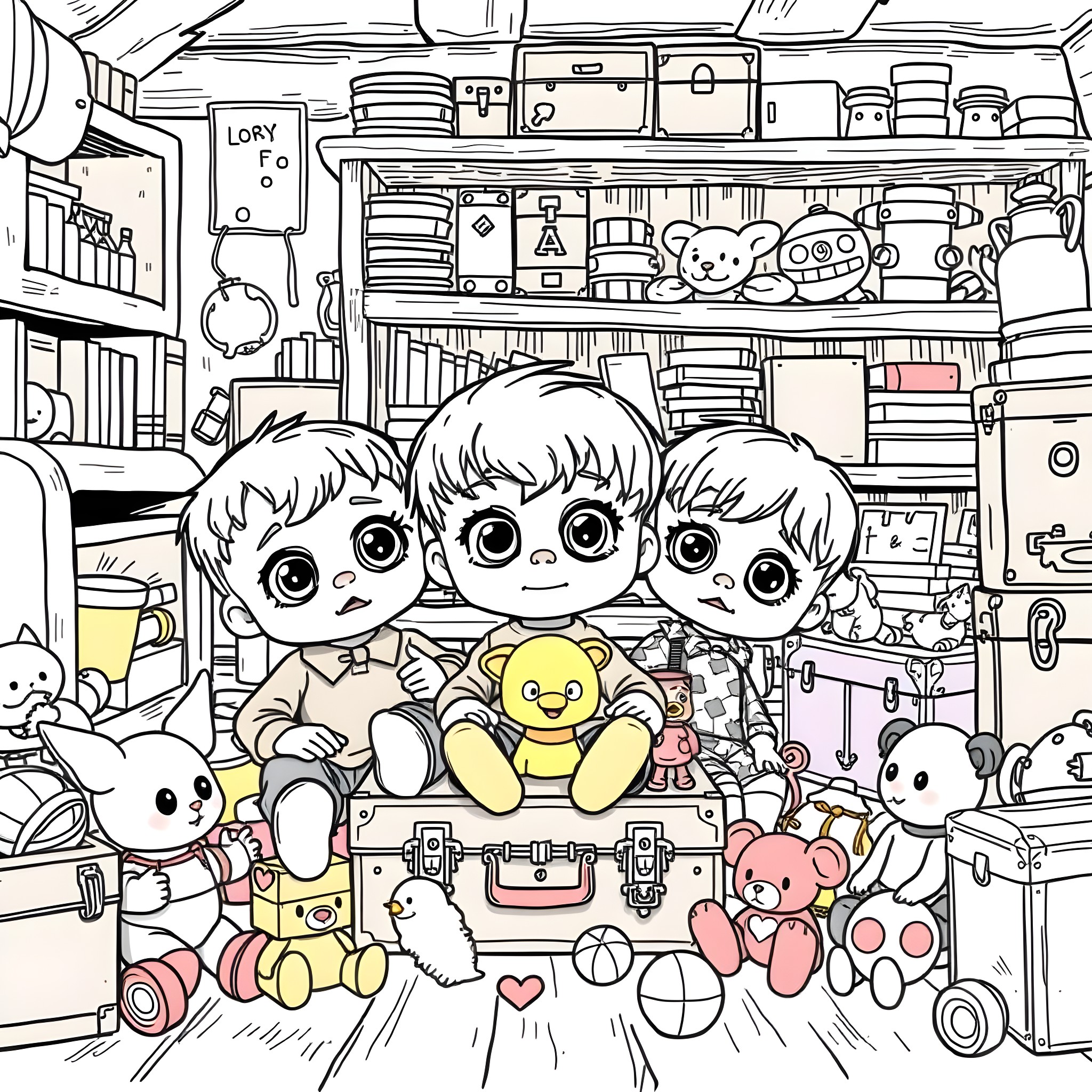 Boy Dolls Playing in Their Cozy Toy Room Coloring Page (free black-and-white line drawing printable PDF for all, from beginners to advanced learners, including children, teens, adults, and seniors)