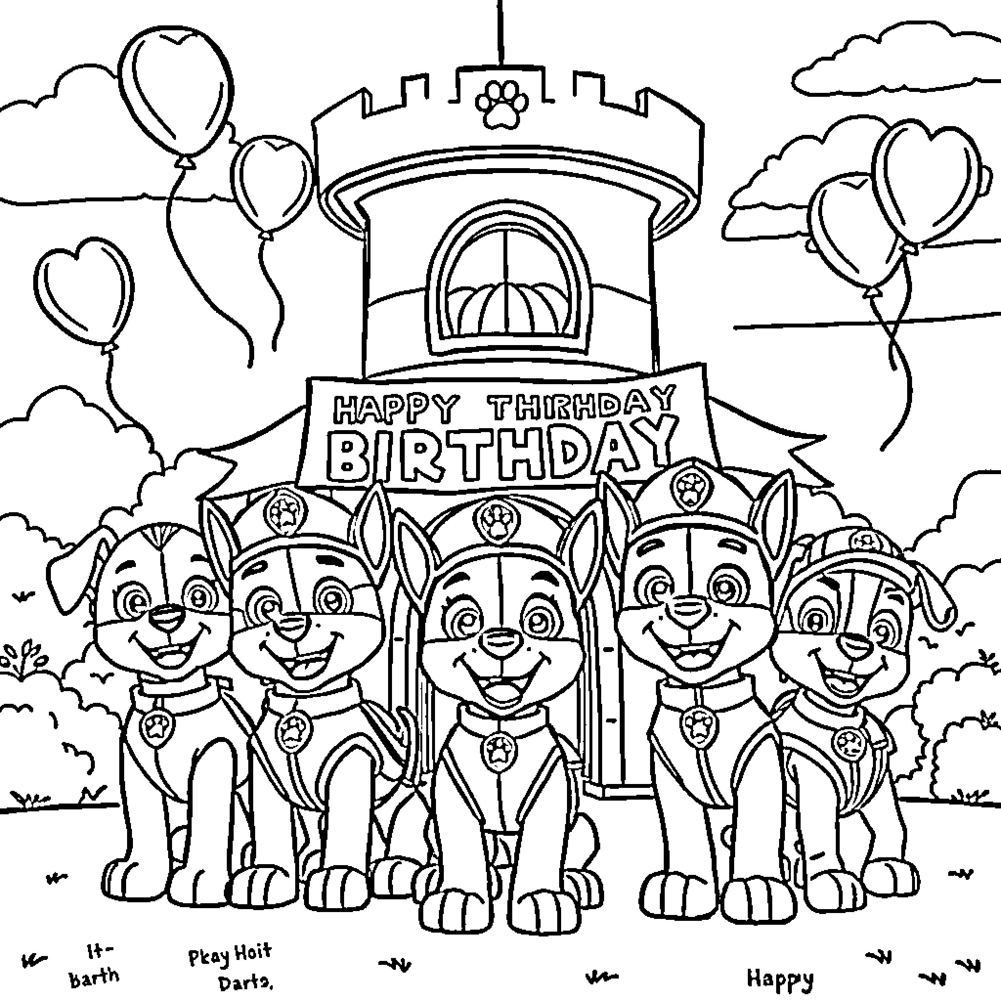 Paw Patrol Celebrate Happy Birthday in the Park Coloring Page (free black-and-white line drawing printable PDF for all, from beginners to advanced learners, including children, teens, adults, and seniors)