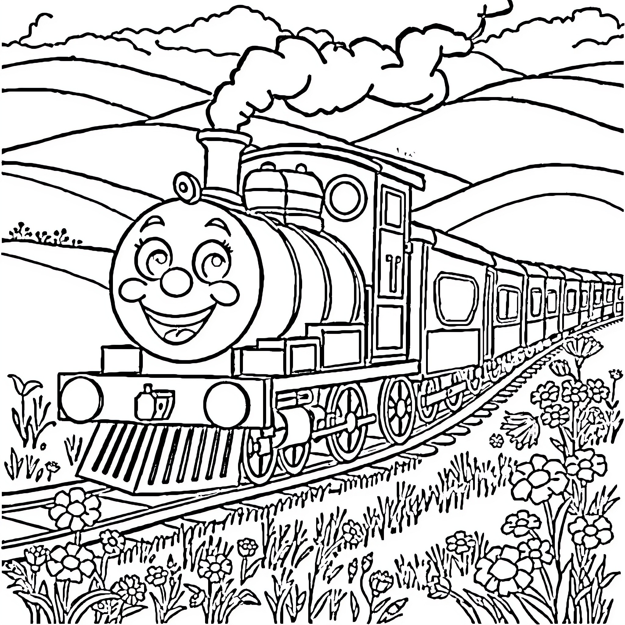 Train traveling through a cheerful countryside scene Coloring Page (free black-and-white line drawing printable PDF for all, from beginners to advanced learners, including children, teens, adults, and seniors)