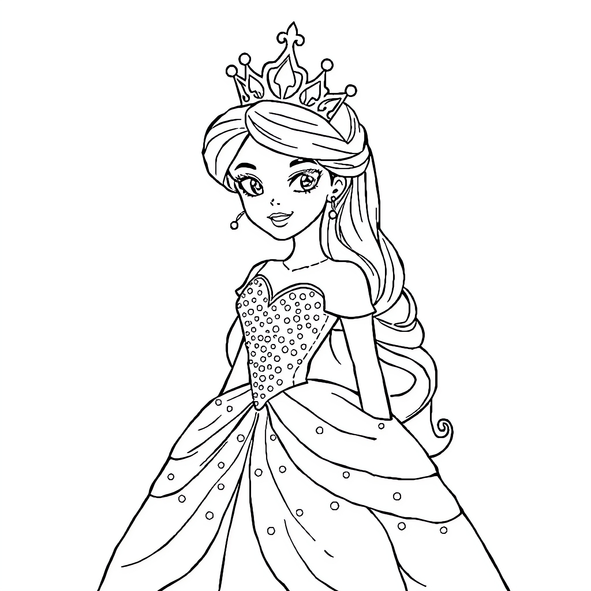Princess in Sparkling Gown and Crown Coloring Page (free black-and-white line drawing printable PDF for all, from beginners to advanced learners, including children, teens, adults, and seniors)