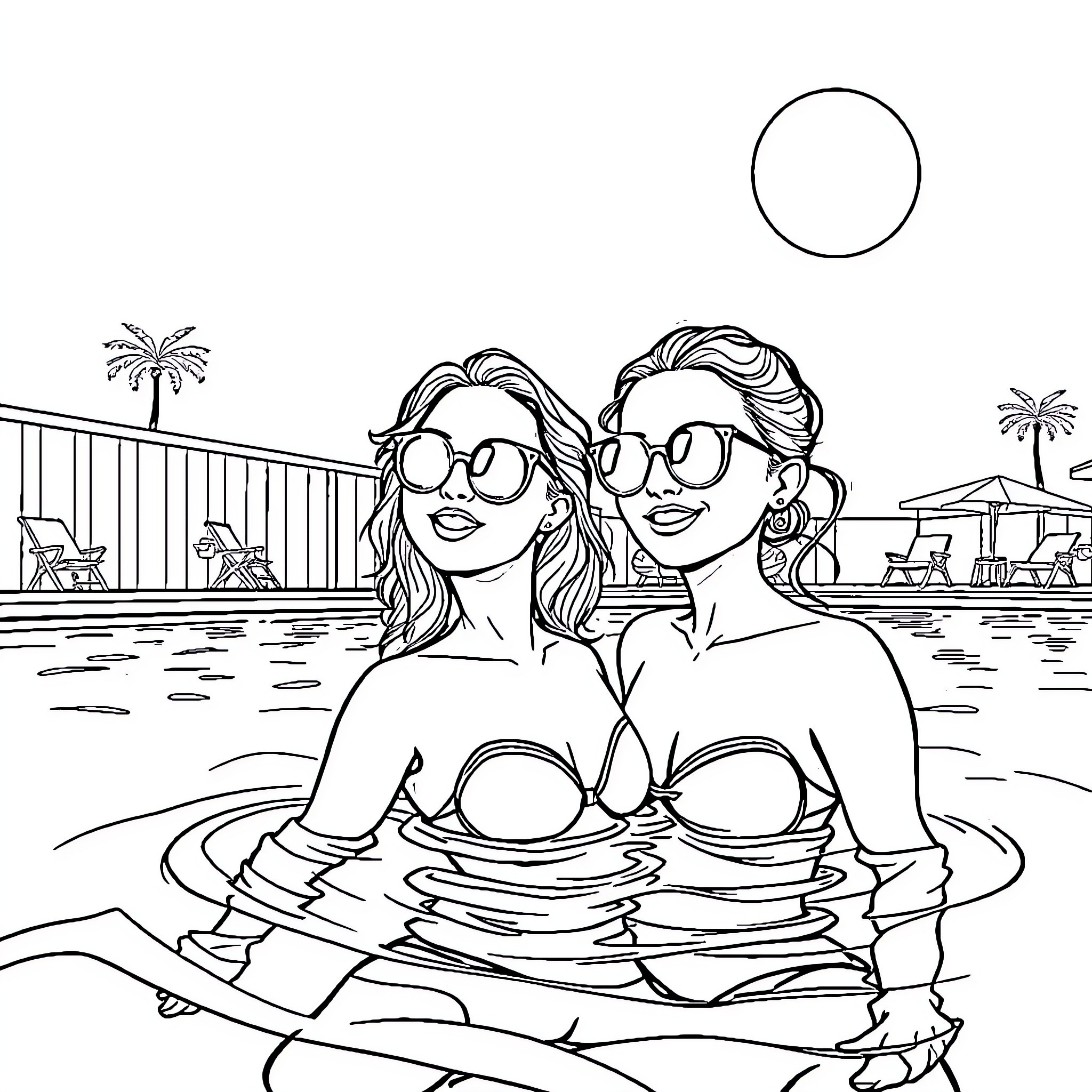 Chicks enjoying pool party at beach Coloring Page (free black-and-white line drawing printable PDF for all, from beginners to advanced learners, including children, teens, adults, and seniors)