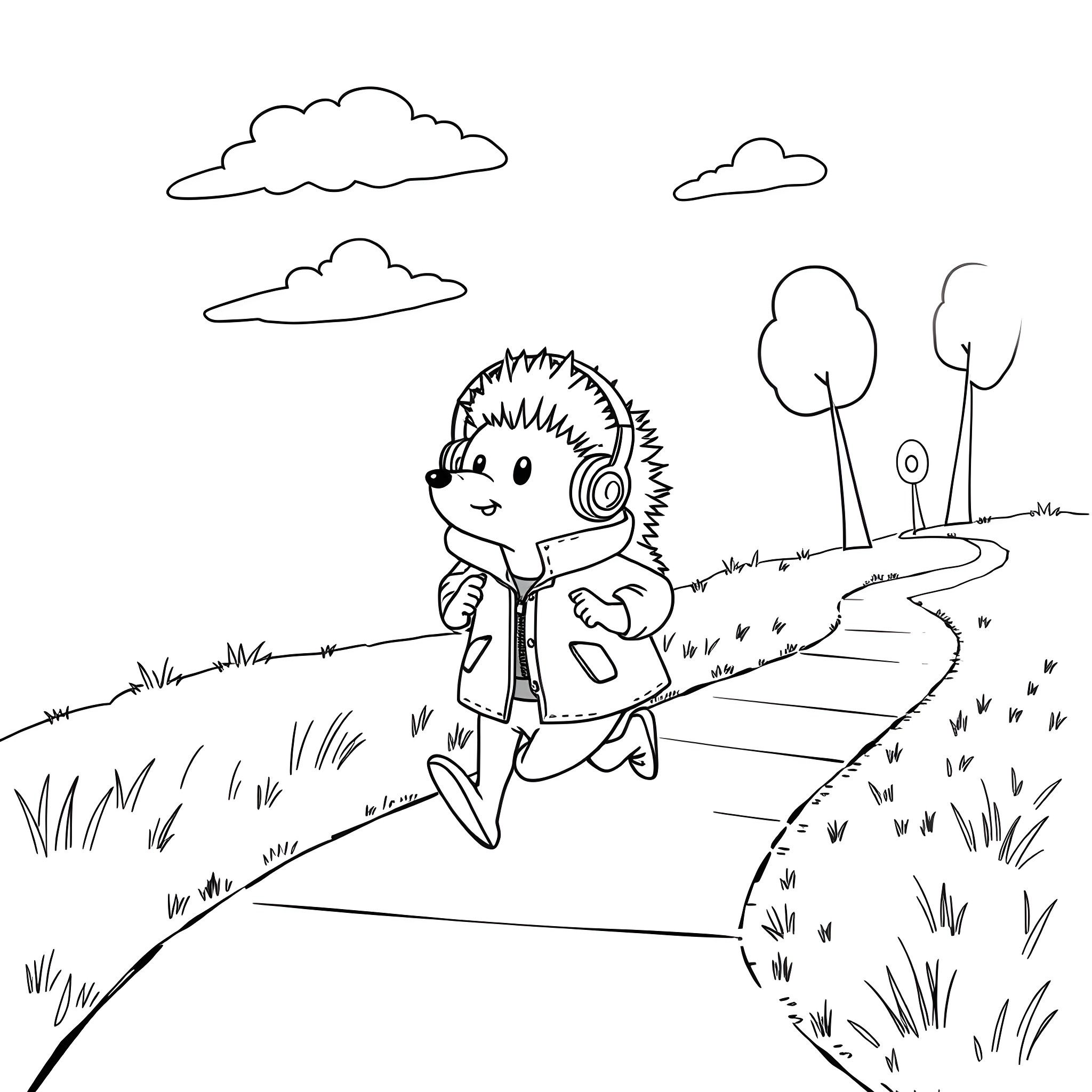 Hedgehog enjoying a stroll on a country path Coloring Page (free black-and-white line drawing printable PDF for all, from beginners to advanced learners, including children, teens, adults, and seniors)