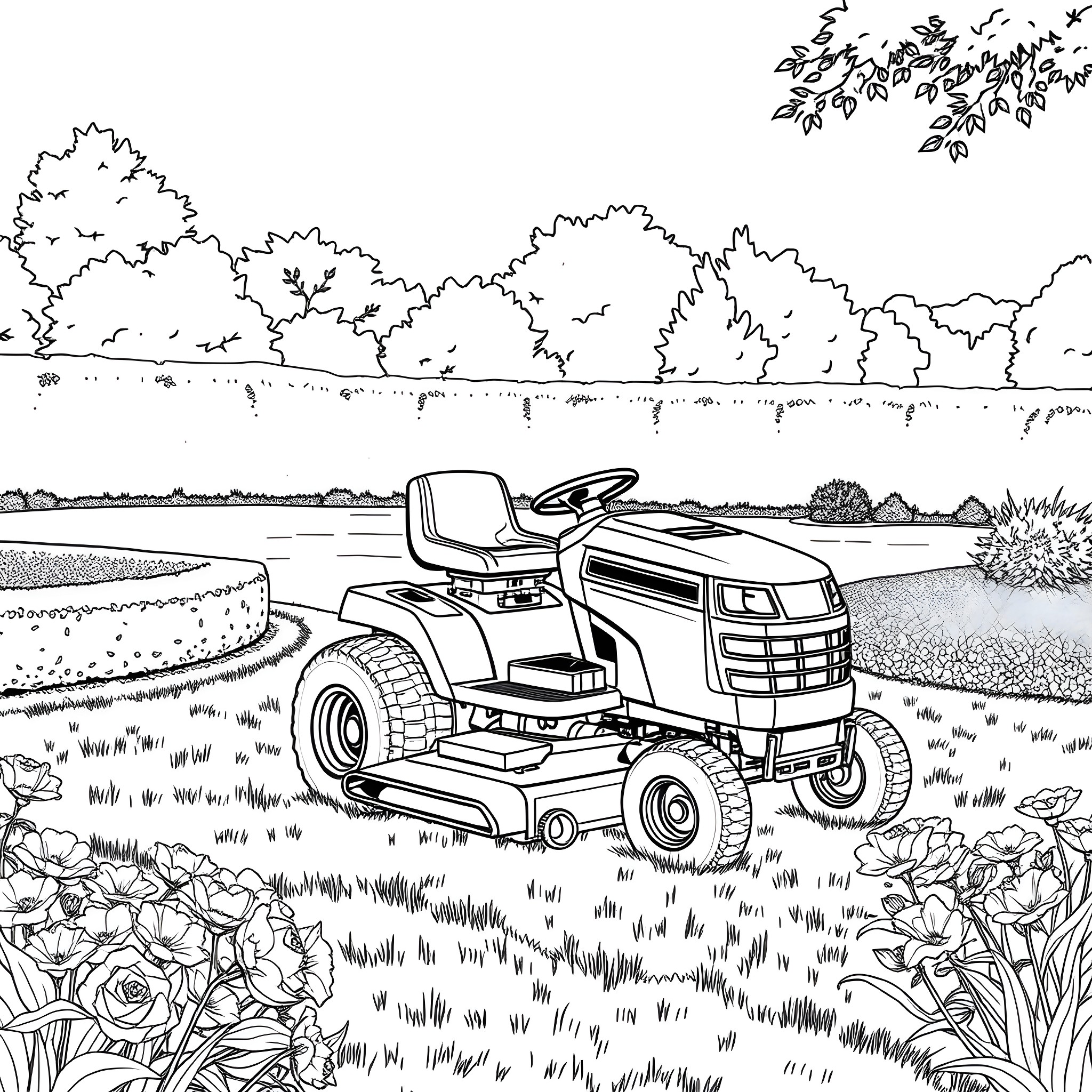 Riding Mower in Scenic Outdoor Landscape Coloring Page (free black-and-white line drawing printable PDF for all, from beginners to advanced learners, including children, teens, adults, and seniors)