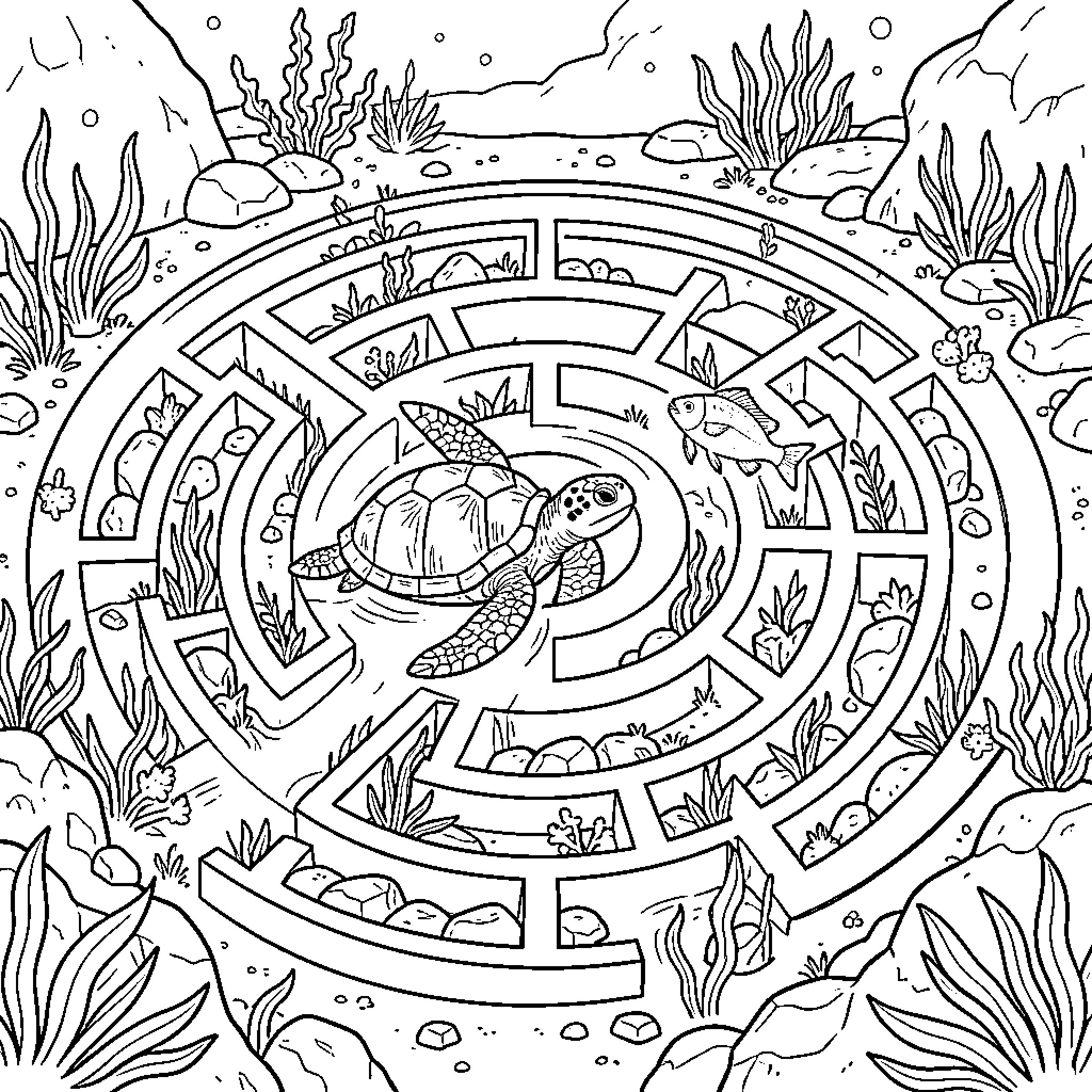 Turtle navigating through a maze underwater Coloring Page (free black-and-white line drawing printable PDF for all, from beginners to advanced learners, including children, teens, adults, and seniors)