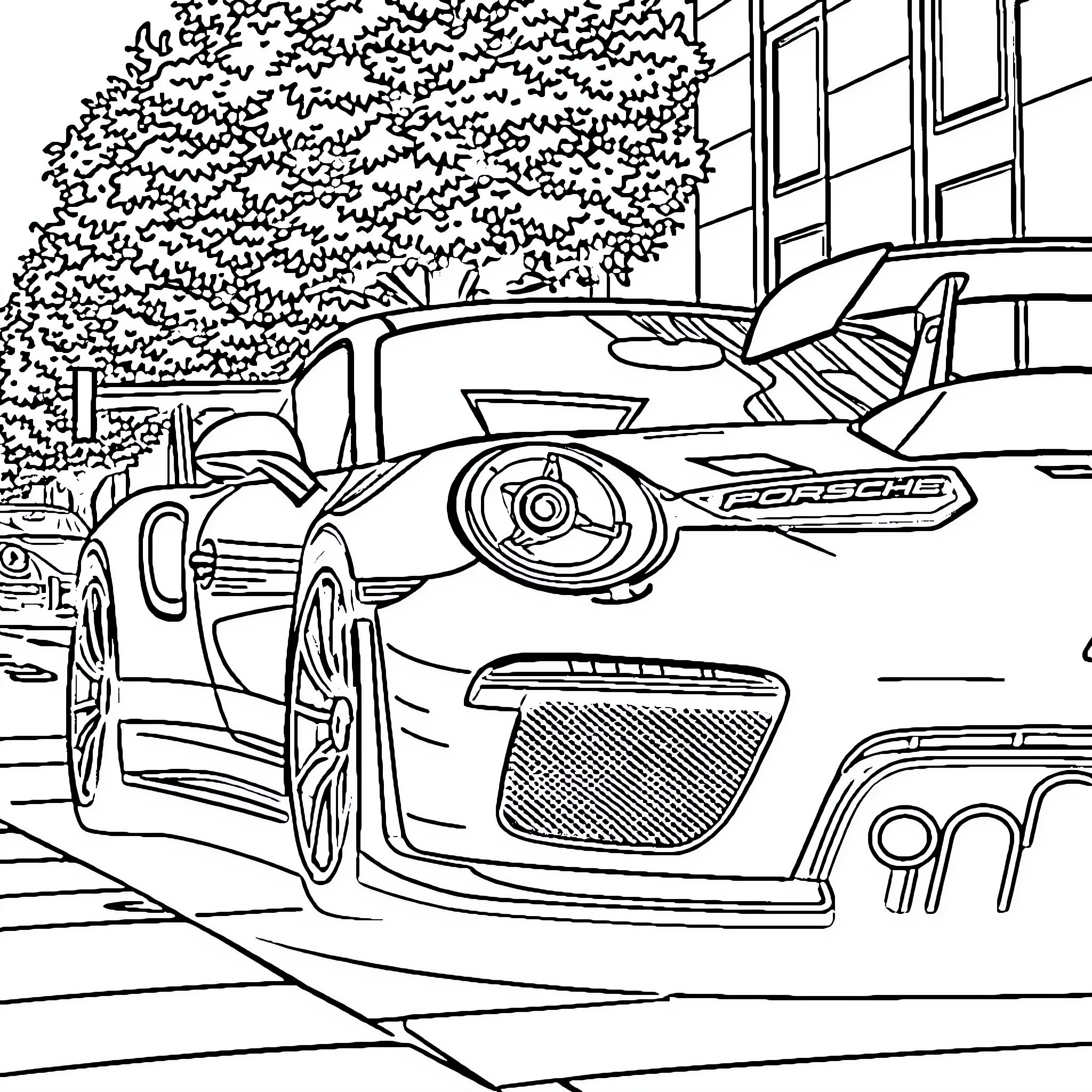 Porsche sports car speeding through the city Coloring Page (free black-and-white line drawing printable PDF for all, from beginners to advanced learners, including children, teens, adults, and seniors)