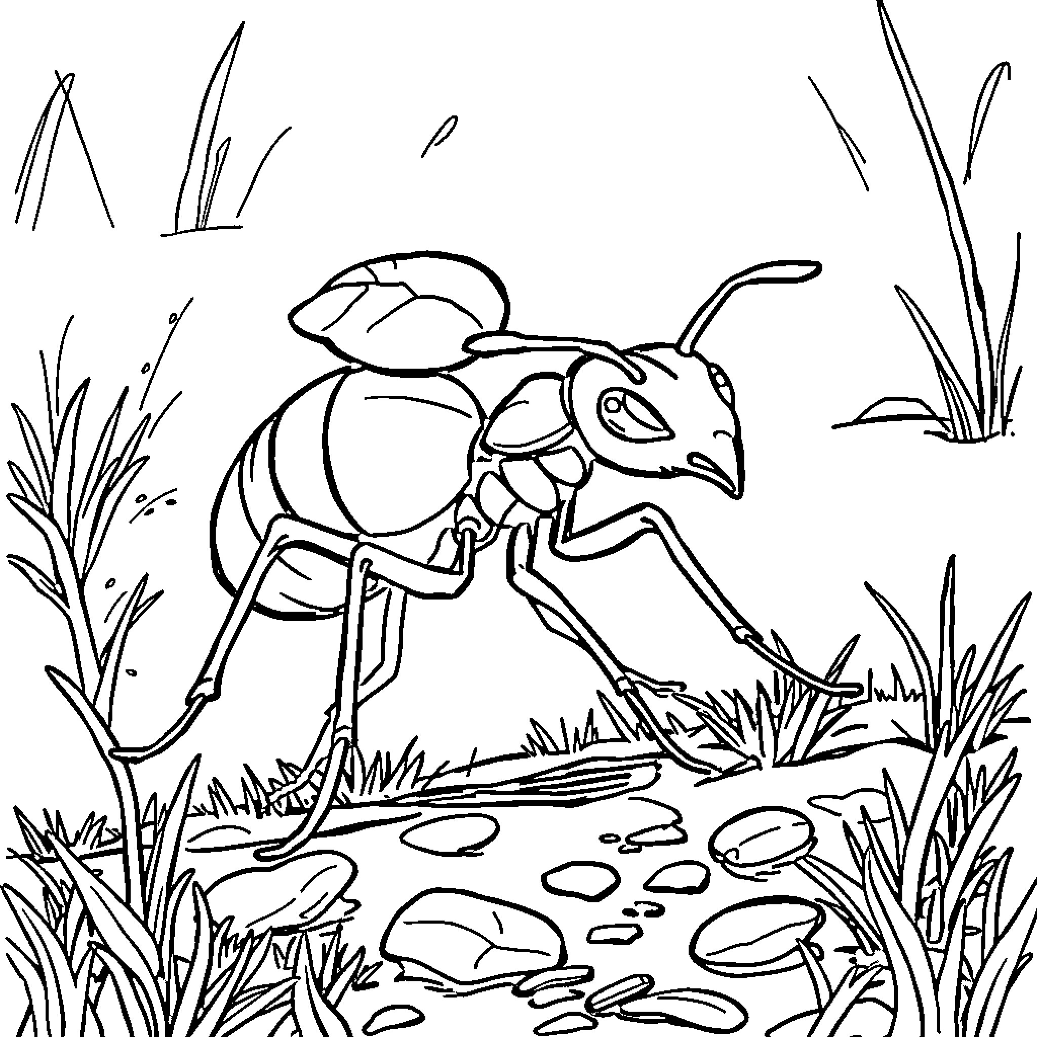 Ant exploring nature's wonders Coloring Page (free black-and-white line drawing printable PDF for all, from beginners to advanced learners, including children, teens, adults, and seniors)