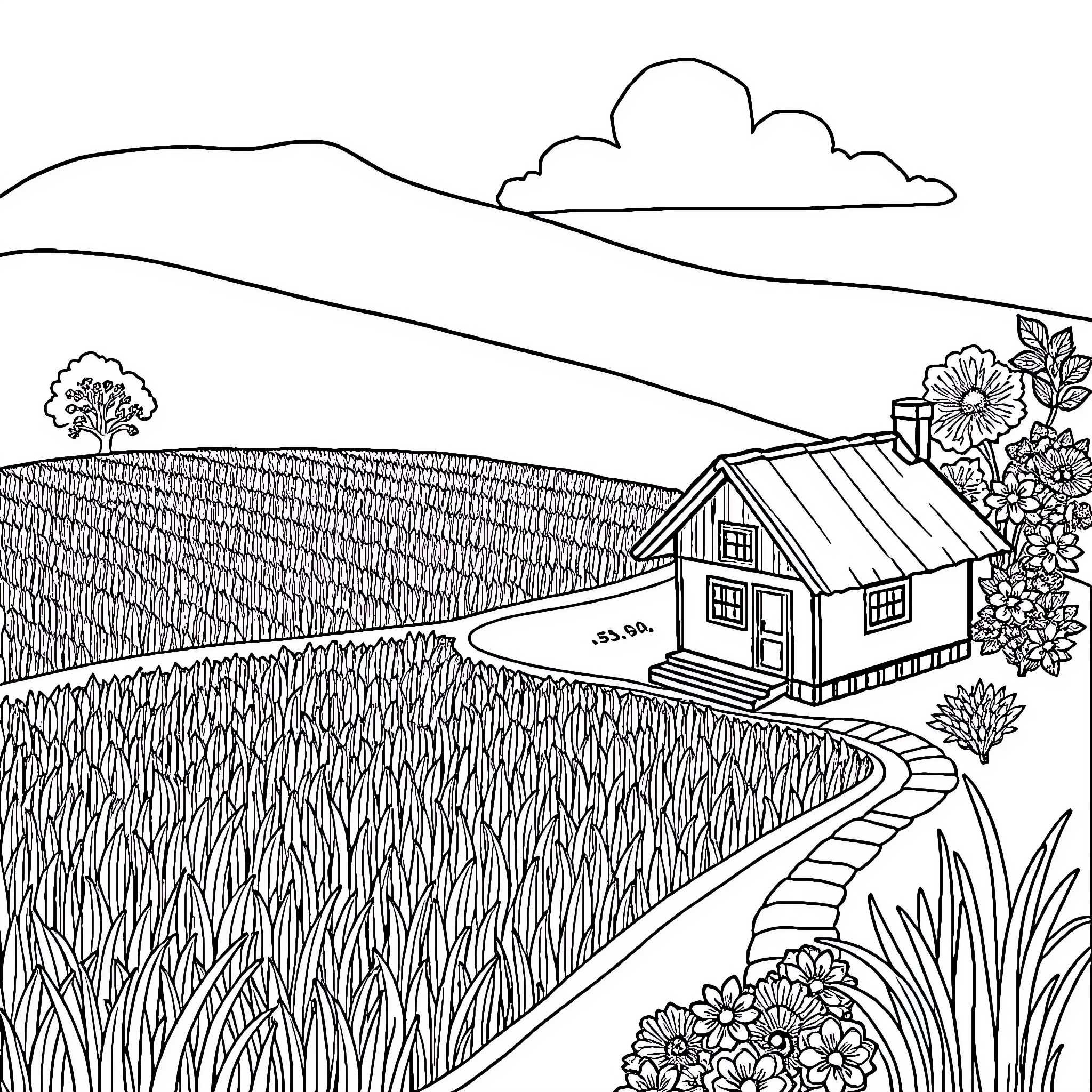 House in a Countryside Landscape Coloring Page (free black-and-white line drawing printable PDF for all, from beginners to advanced learners, including children, teens, adults, and seniors)