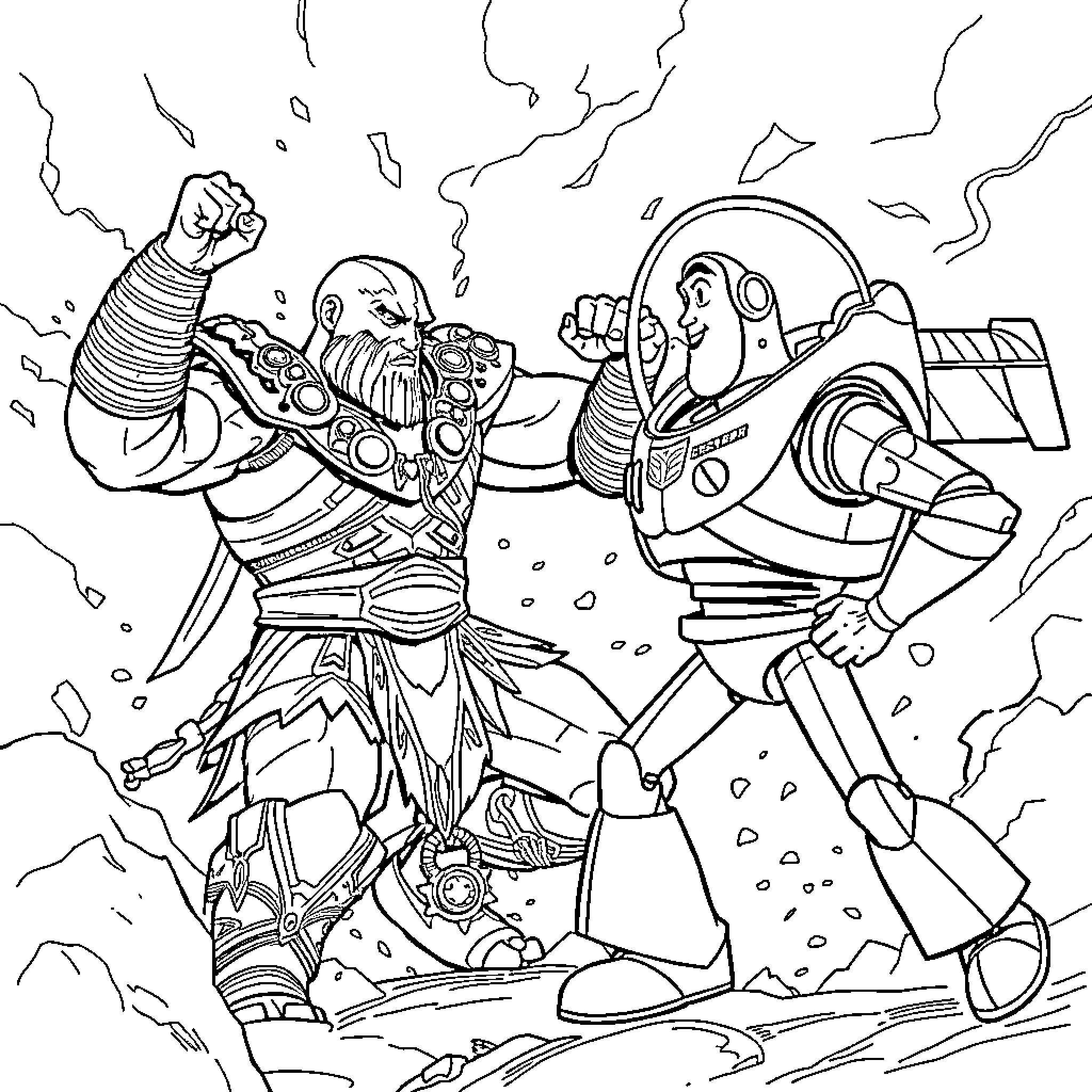 Kratos facing off against a powerful opponent Coloring Page (free black-and-white line drawing printable PDF for all, from beginners to advanced learners, including children, teens, adults, and seniors)