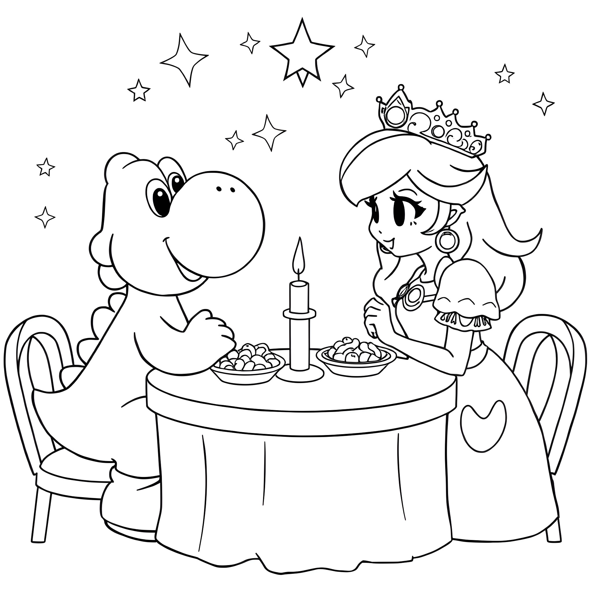 Yoshi enjoying a fancy dinner with princess Coloring Page (free black-and-white line drawing printable PDF for all, from beginners to advanced learners, including children, teens, adults, and seniors)